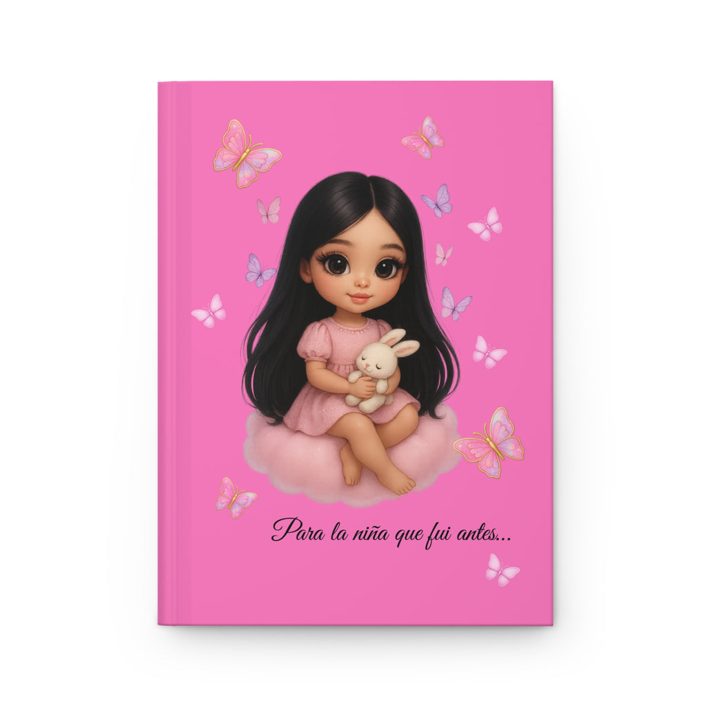 Pretty Hardcover Journal — "Para La Niña que fui antes" Cute Girl Hugging Stuffed Animal on Cloud