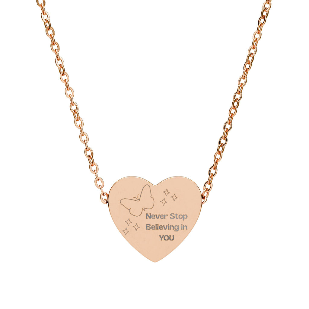 Never Stop Believing in You Butterfly Necklace – Minimalist Outline Pendant with Sparkle Accents | Dainty Inspirational Jewelry for Girls | Silver & Rose Gold
