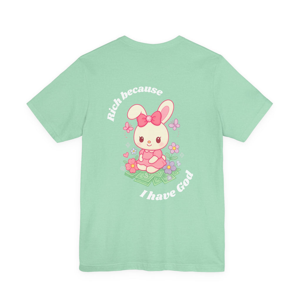“Rich Because I Have God” Oversized (Back) Bunny Graphic Tee – Luxury Baggy T-Shirt (Black, Heather Mint, Turquoise, Pink)