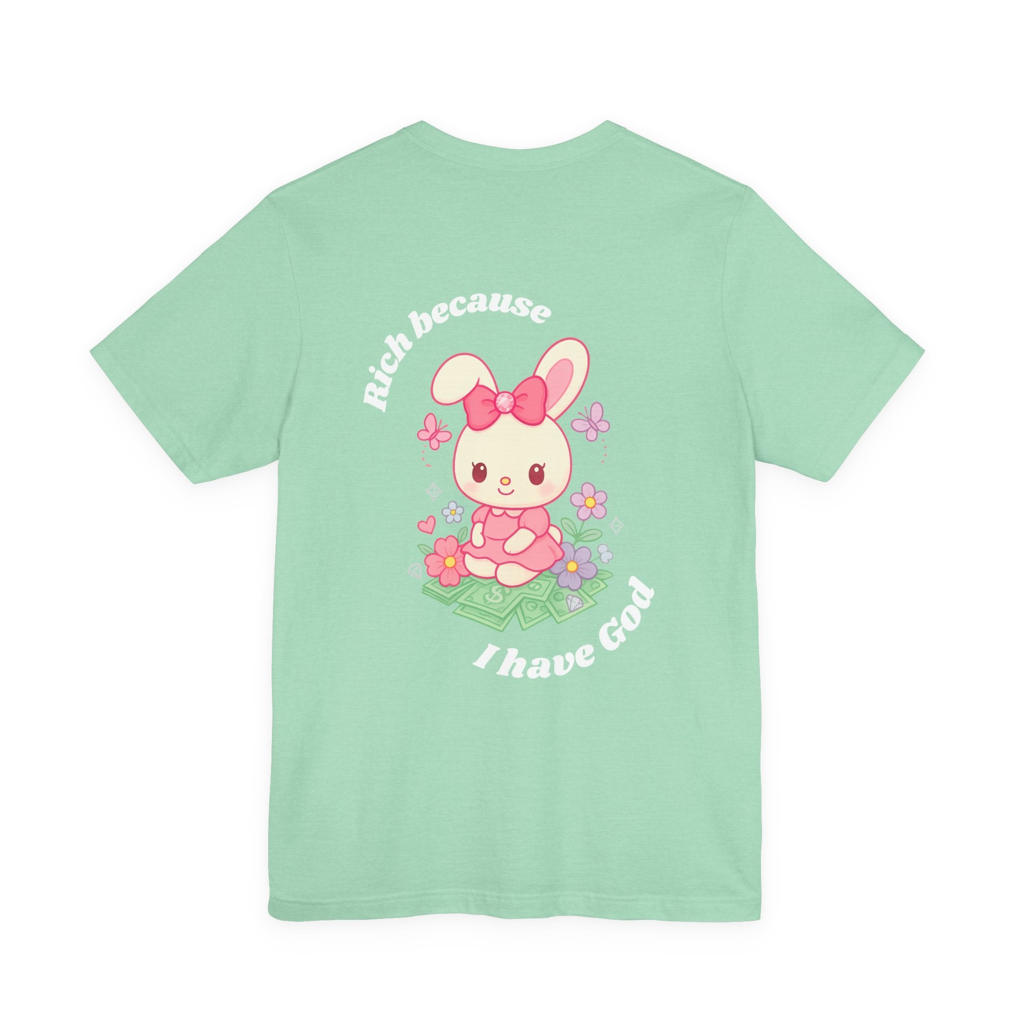 “Rich Because I Have God” Oversized (Back) Bunny Graphic Tee – Luxury Baggy T-Shirt (Black, Heather Mint, Turquoise, Pink)