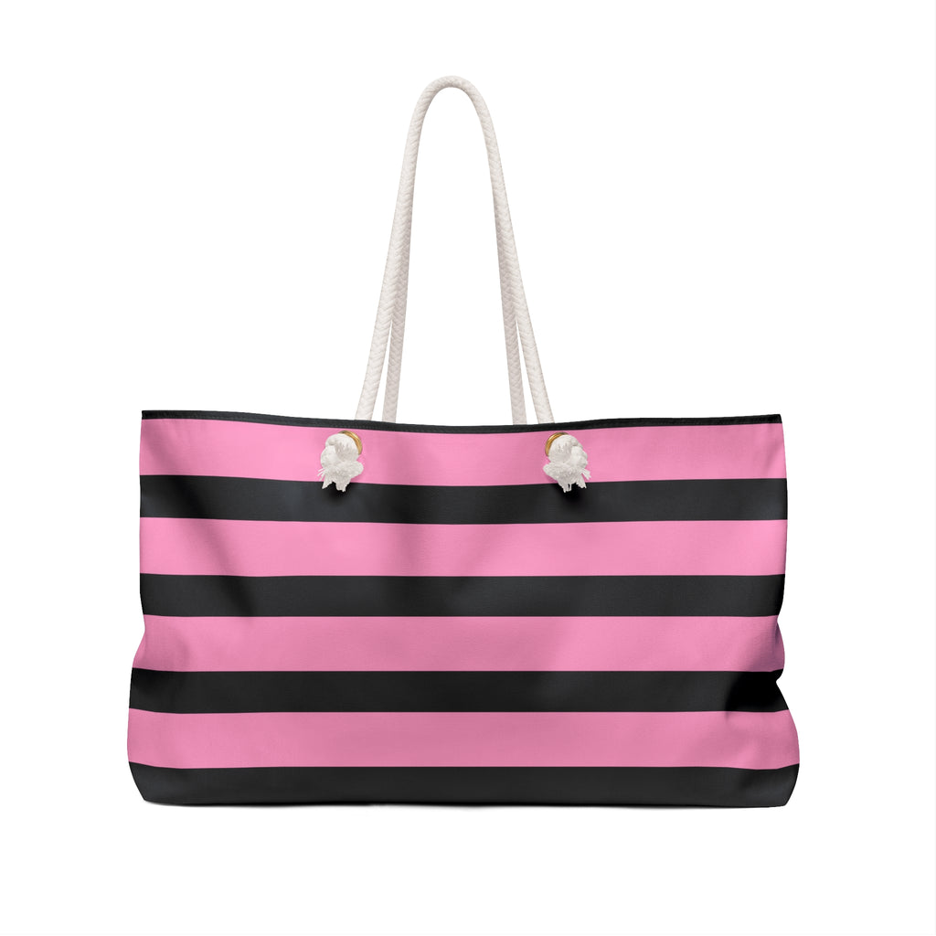 Pretty Girl Things Charm Tote - Light Pink & Black Striped Weekender Bag with Cute Baddie Charm Bracelet