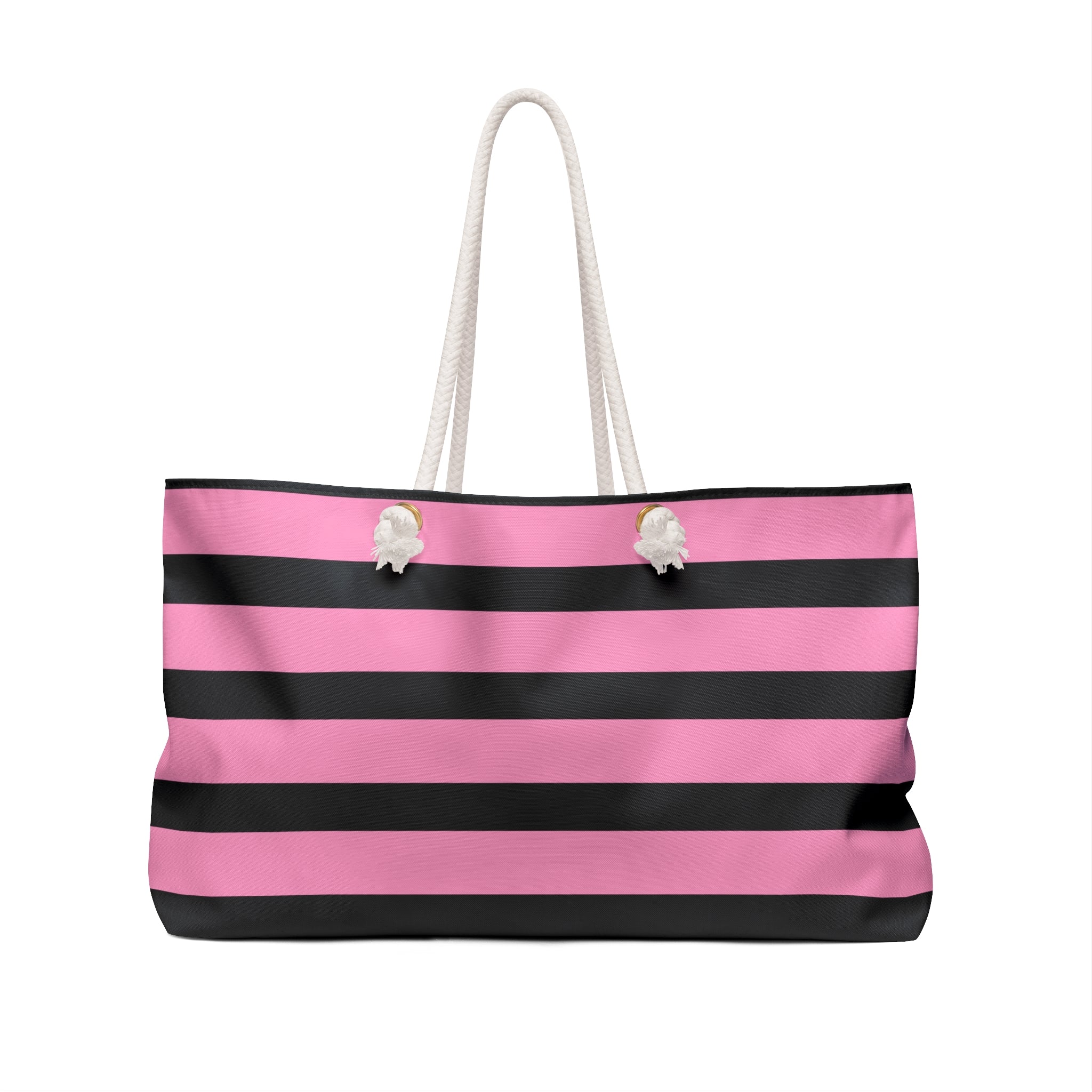 Pretty Girl Things Charm Tote - Light Pink & Black Striped Weekender Bag with Cute Baddie Charm Bracelet