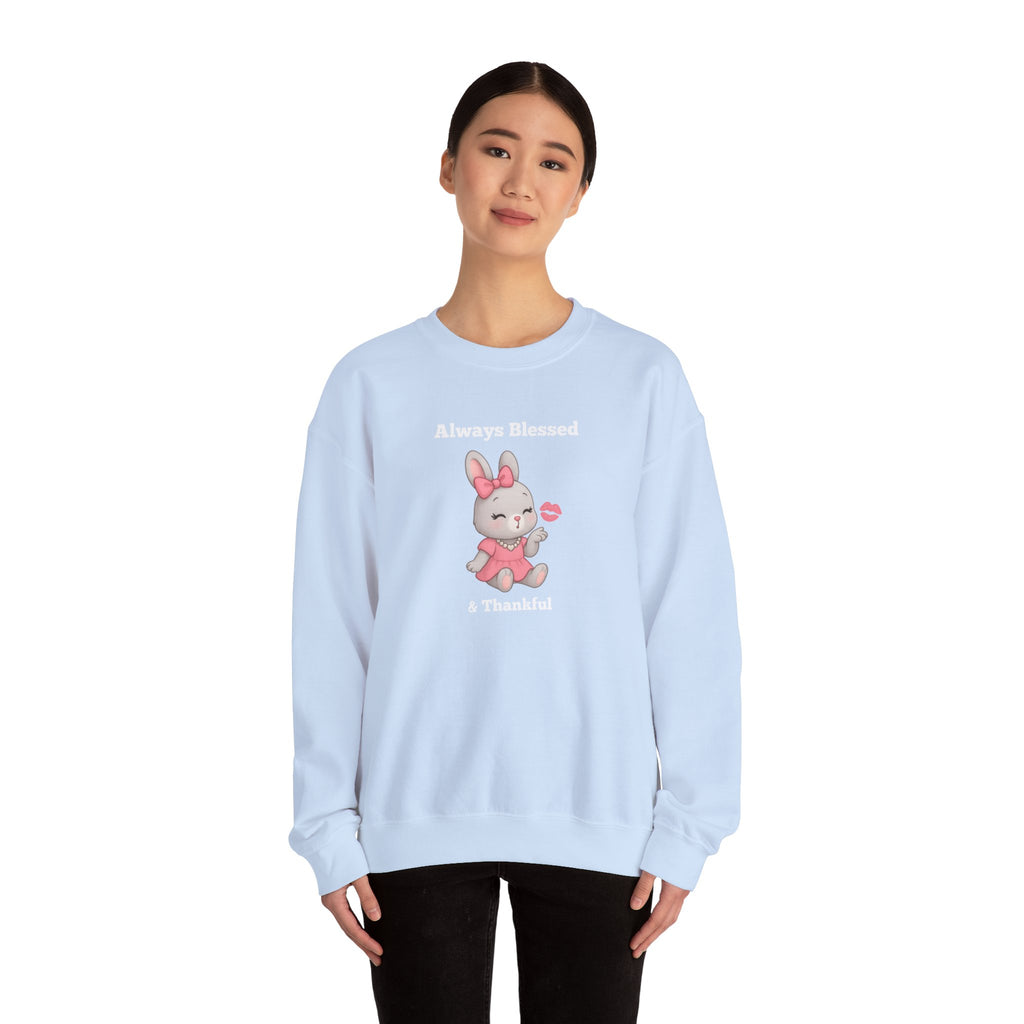 Always Blessed & Thankful™ Bunny Kiss Sweatshirt – Luxe Unisex Cozy Graphic Sweater for Pretty Girls (Black, Maroon, Light Blue, Heliconia, Red)
