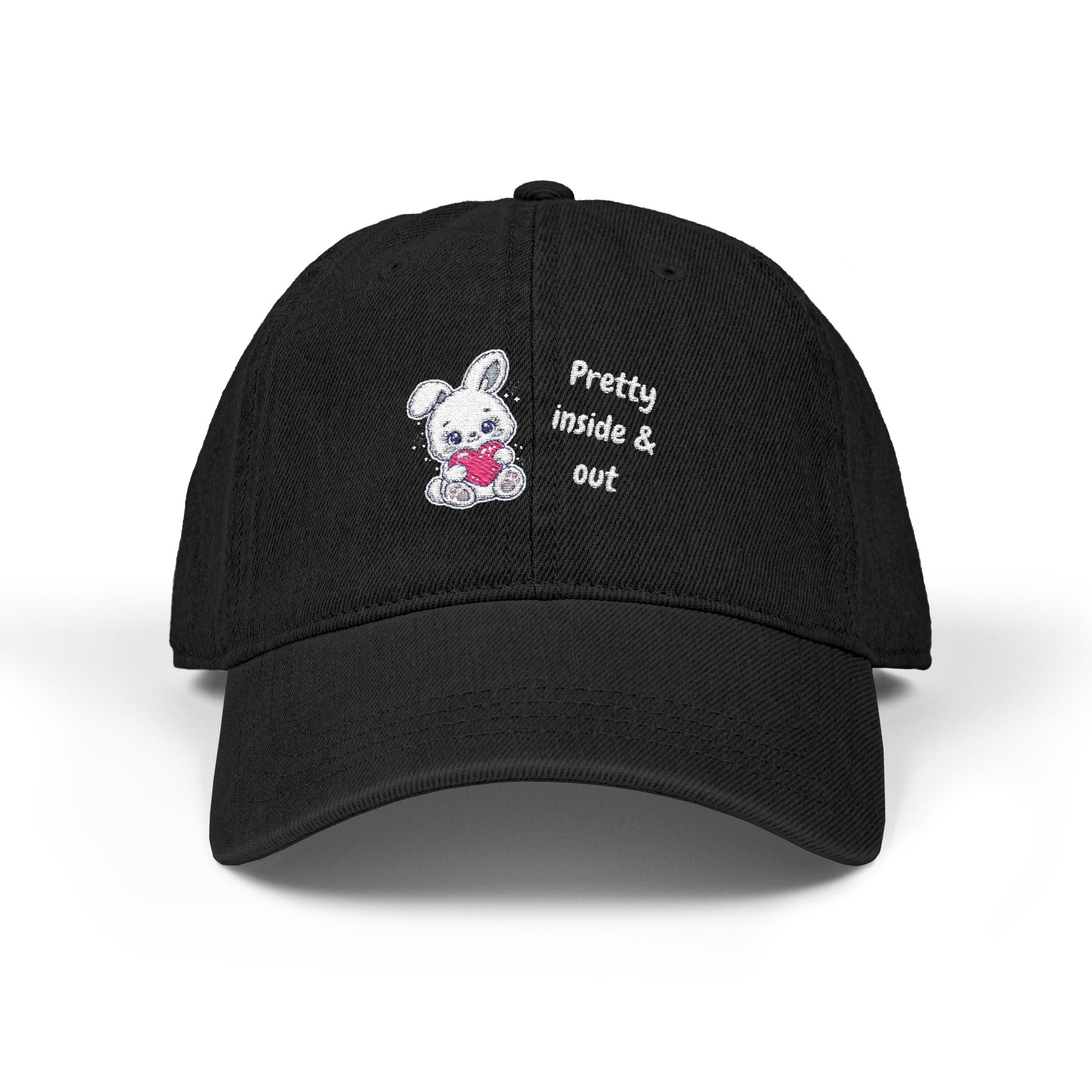 Denim Hat — Embroidered 'Pretty Inside & Out' Baby Bunny Heart