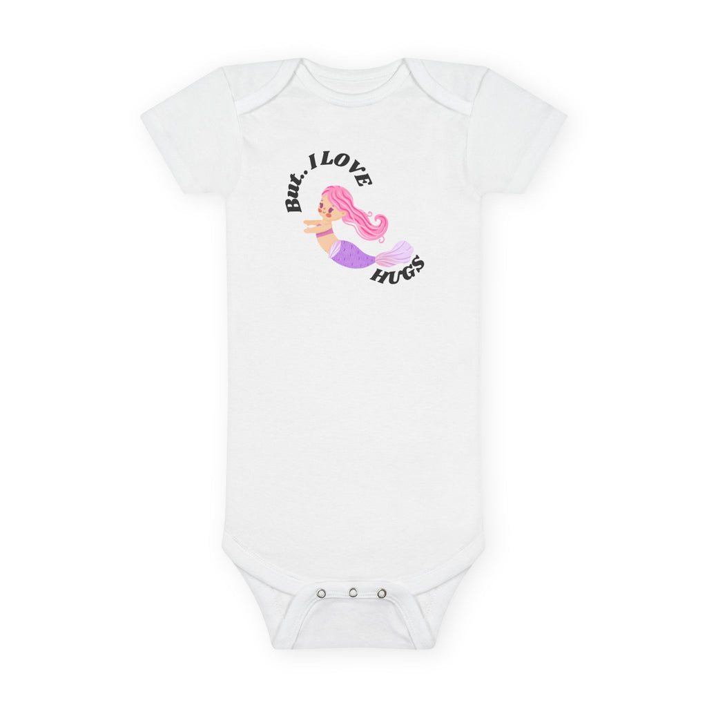“Cute Baby Girl Mermaid Onesie – ‘But… I LOVE HUGS’ | Gerber® Organic Bodysuit – Perfect Baby Shower Gift for Girl Moms”