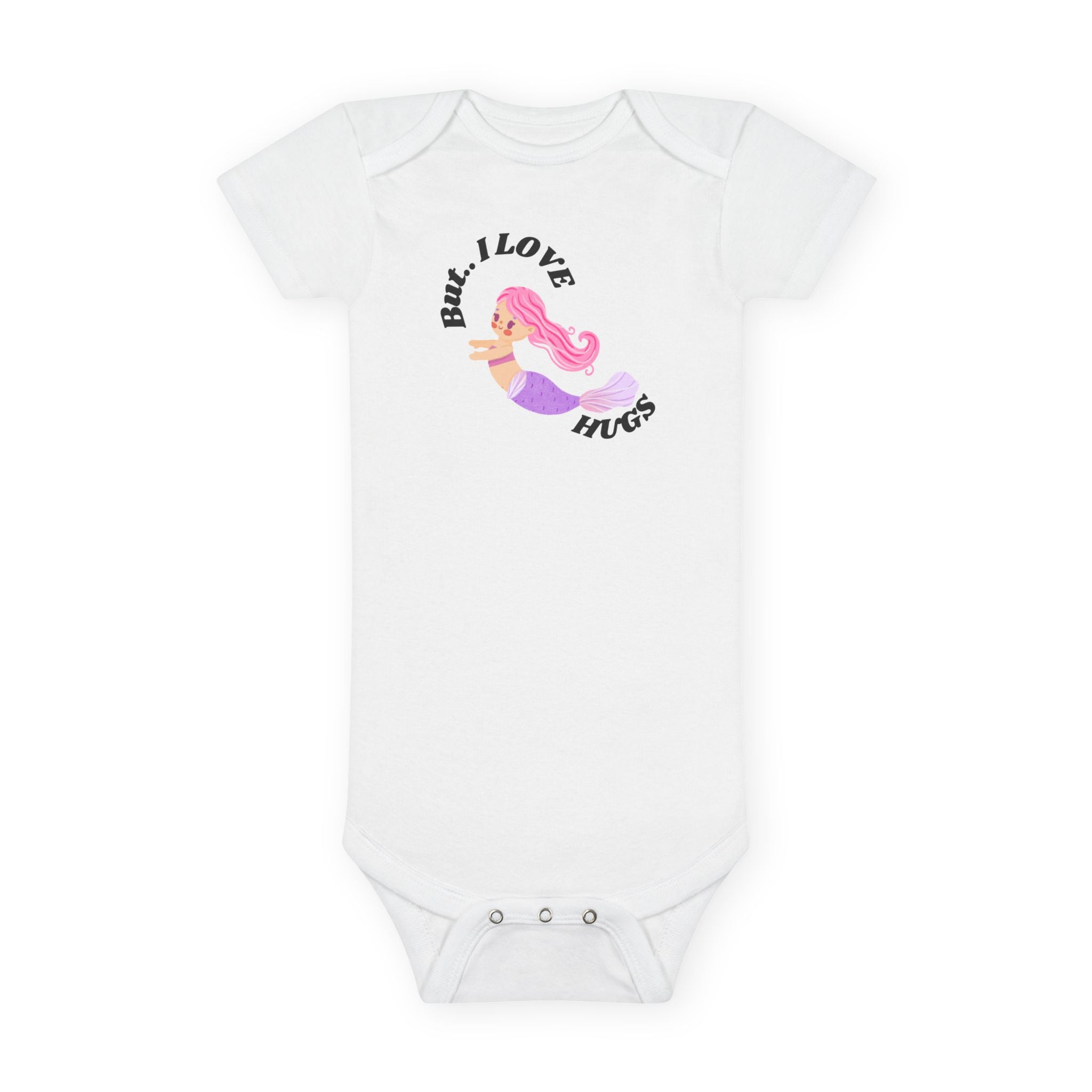 “Cute Baby Girl Mermaid Onesie – ‘But… I LOVE HUGS’ | Gerber® Organic Bodysuit – Perfect Baby Shower Gift for Girl Moms”