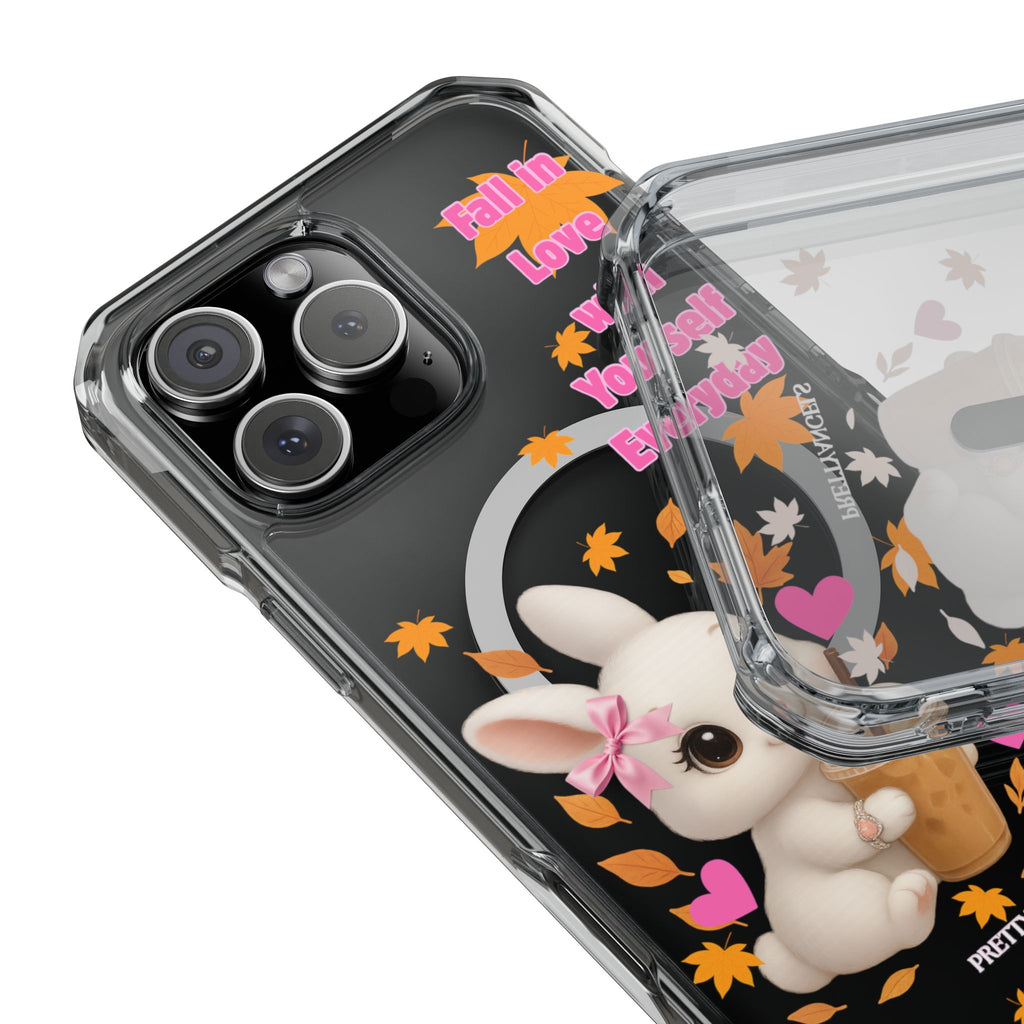 Fall in Love with Yourself Everyday – Cute White Bunny MagSafe iPhone Case with Hearts & Autumn Leaves, Luxury Aesthetic Clear Phone Cover
