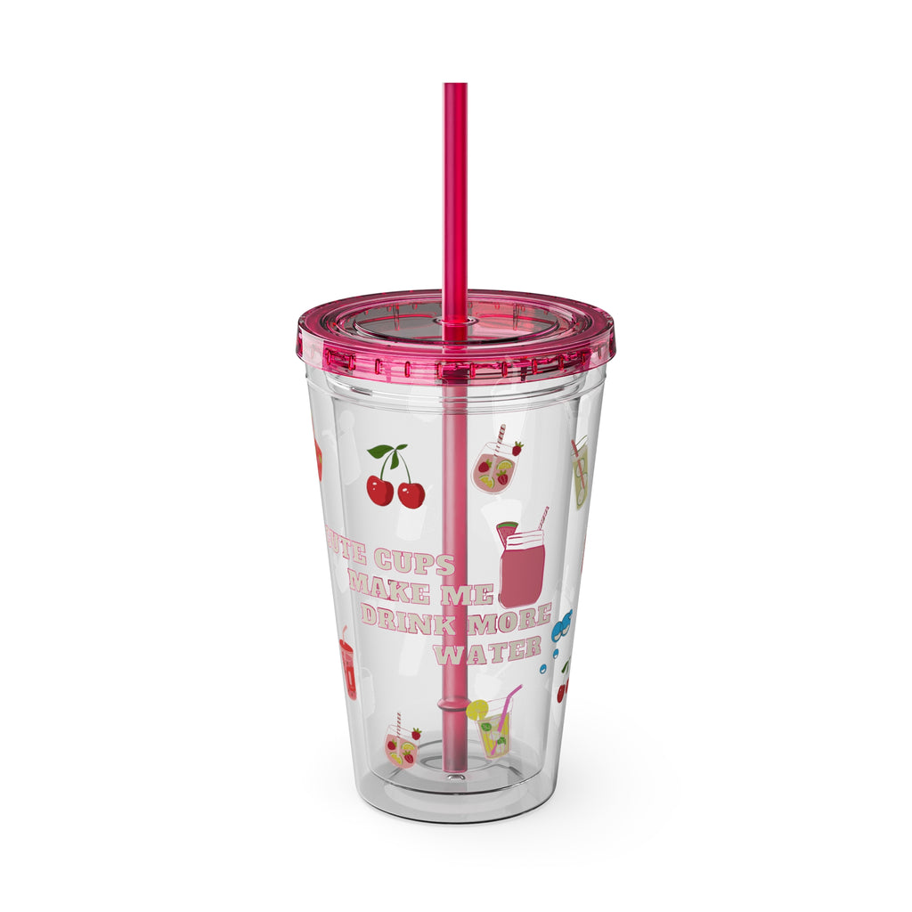 Clear “Cute Cups Make Me Drink More Water” Tumbler - 16oz Acrylic Cup with Lid & Straw | Aesthetic Lemonade, Cherry & Water Drink Patterns for Pretty Girls | Soft Girl Tumbler