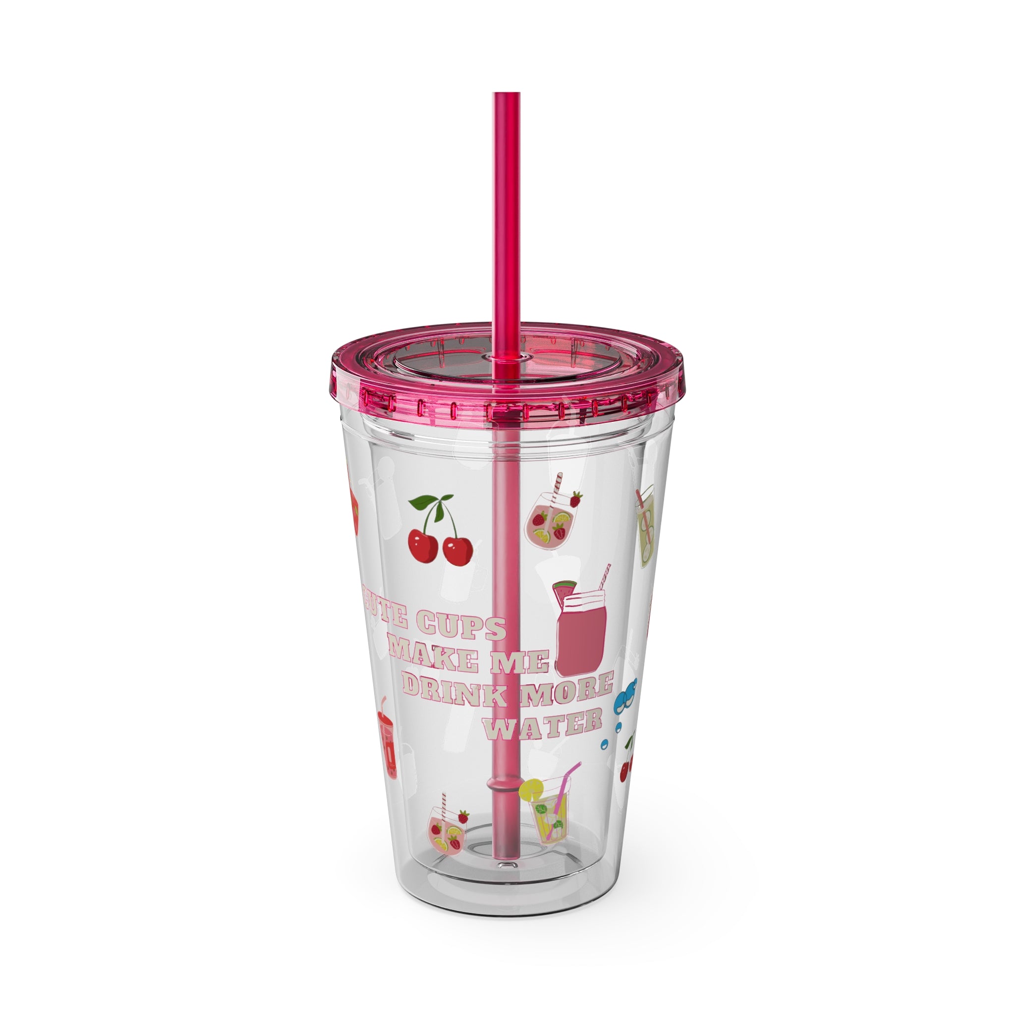 Clear “Cute Cups Make Me Drink More Water” Tumbler - 16oz Acrylic Cup with Lid & Straw | Aesthetic Lemonade, Cherry & Water Drink Patterns for Pretty Girls | Soft Girl Tumbler