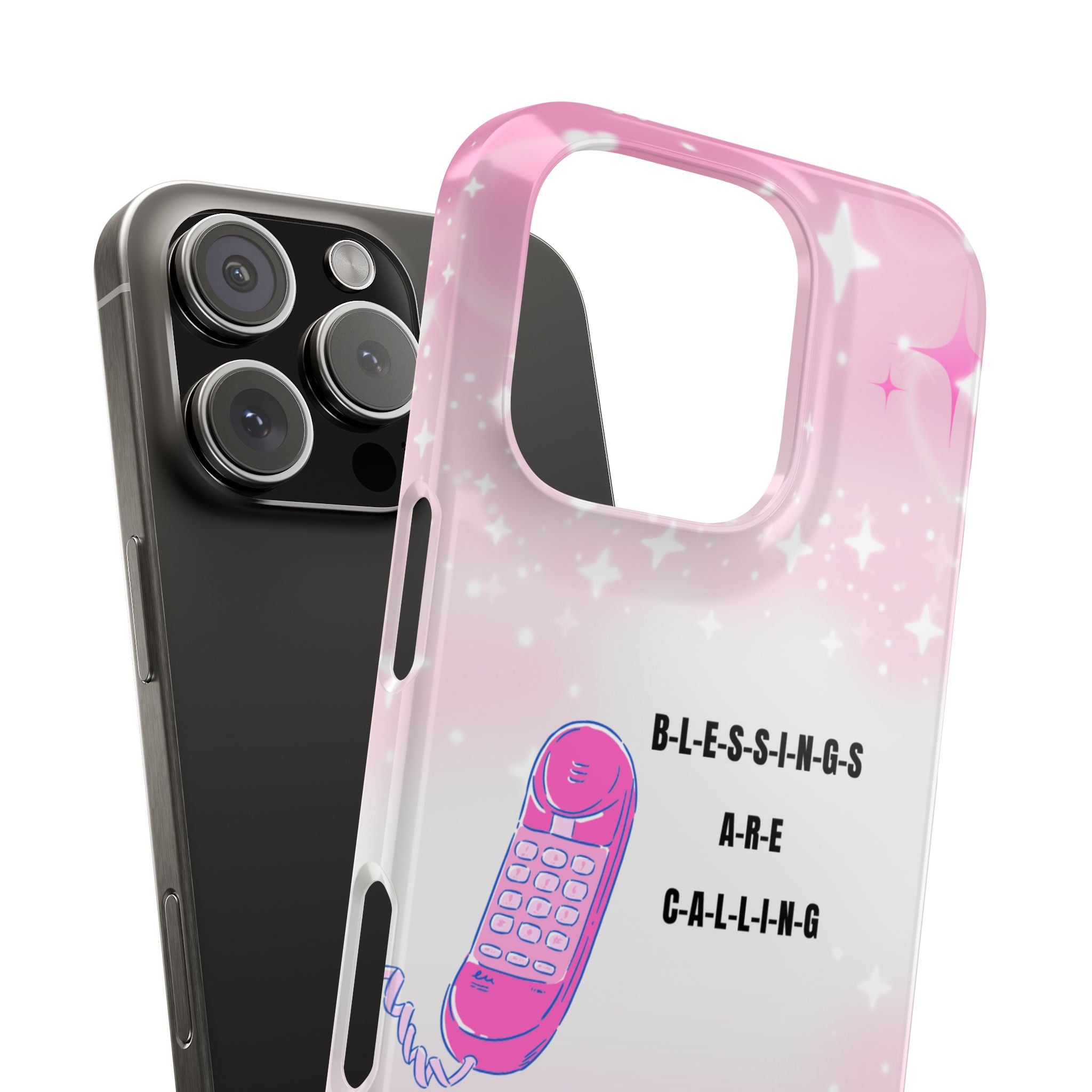 “Blessings Are Calling Ombré Pink & White Phone Case - Slim, Lightweight & Sparkle Shapes for Girly Fairy Aesthetics”