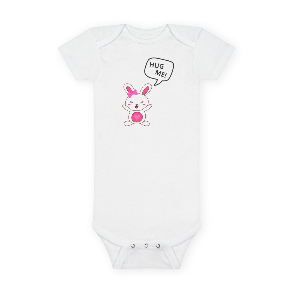 “HUG ME!”™ Whiny Bunny Baby Girl Onesie – Cute Gerber® Cotton Bodysuit with Pink Bow for Glam Baby Gifts
