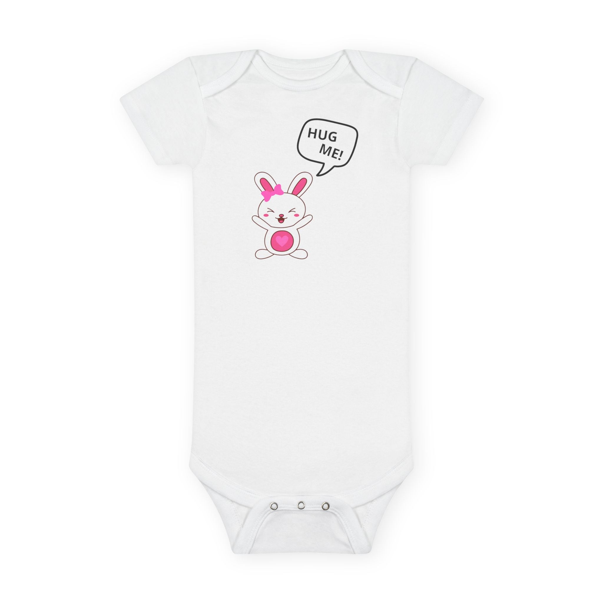 “HUG ME!”™ Whiny Bunny Baby Girl Onesie – Cute Gerber® Cotton Bodysuit with Pink Bow for Glam Baby Gifts
