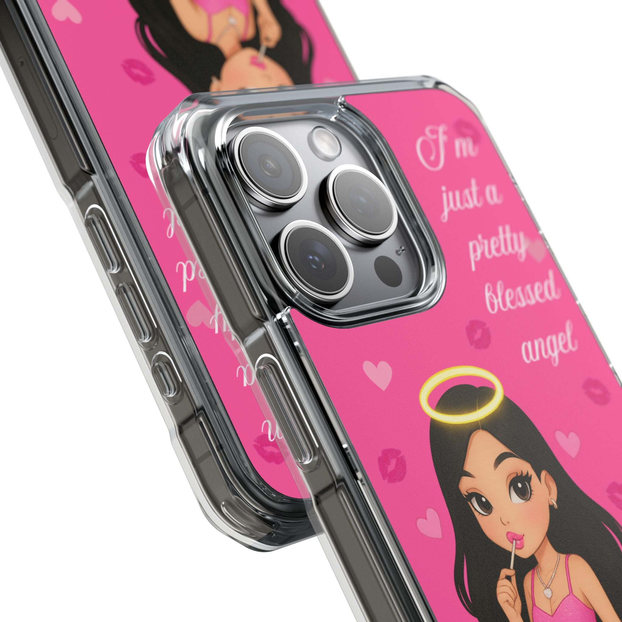 Pretty Blessed Angel MagSafe iPhone Case – Pink Baddie Doll on Cloud with Hearts & Lollipop | Shockproof Clear Cover