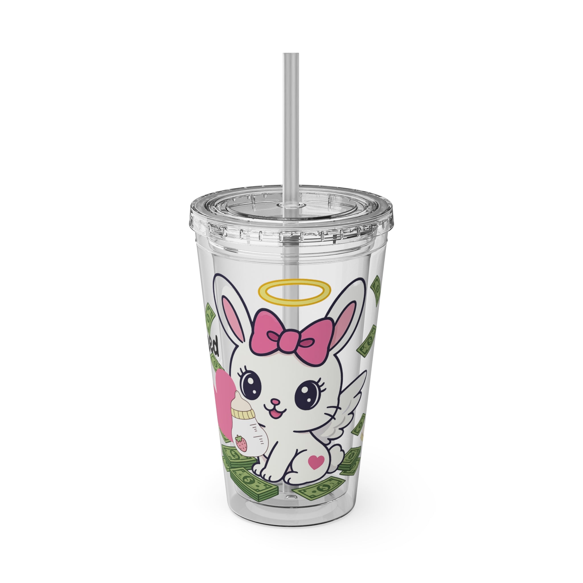 “All I Need” 16oz Acrylic Tumbler - Clear Cup with Pink Angel Bunny, Baby Bottles & Money | Cute Girly Cup for Soft Spoiled Baddies