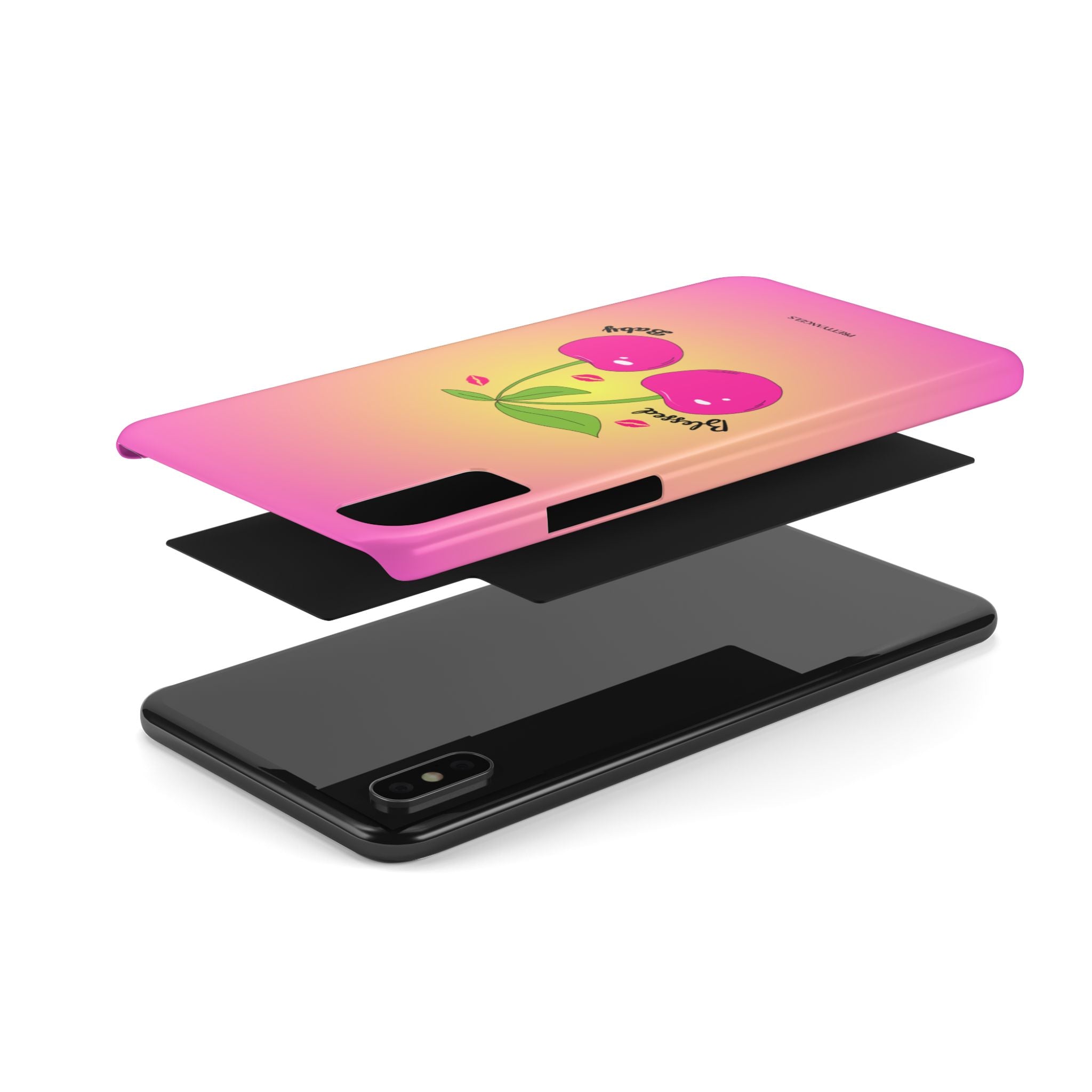 “Blessed Baby Pink & Yellow Ombré Phone Case - Slim Barbie Aesthetic Cover with Hot Pink Cherries and Kisses”