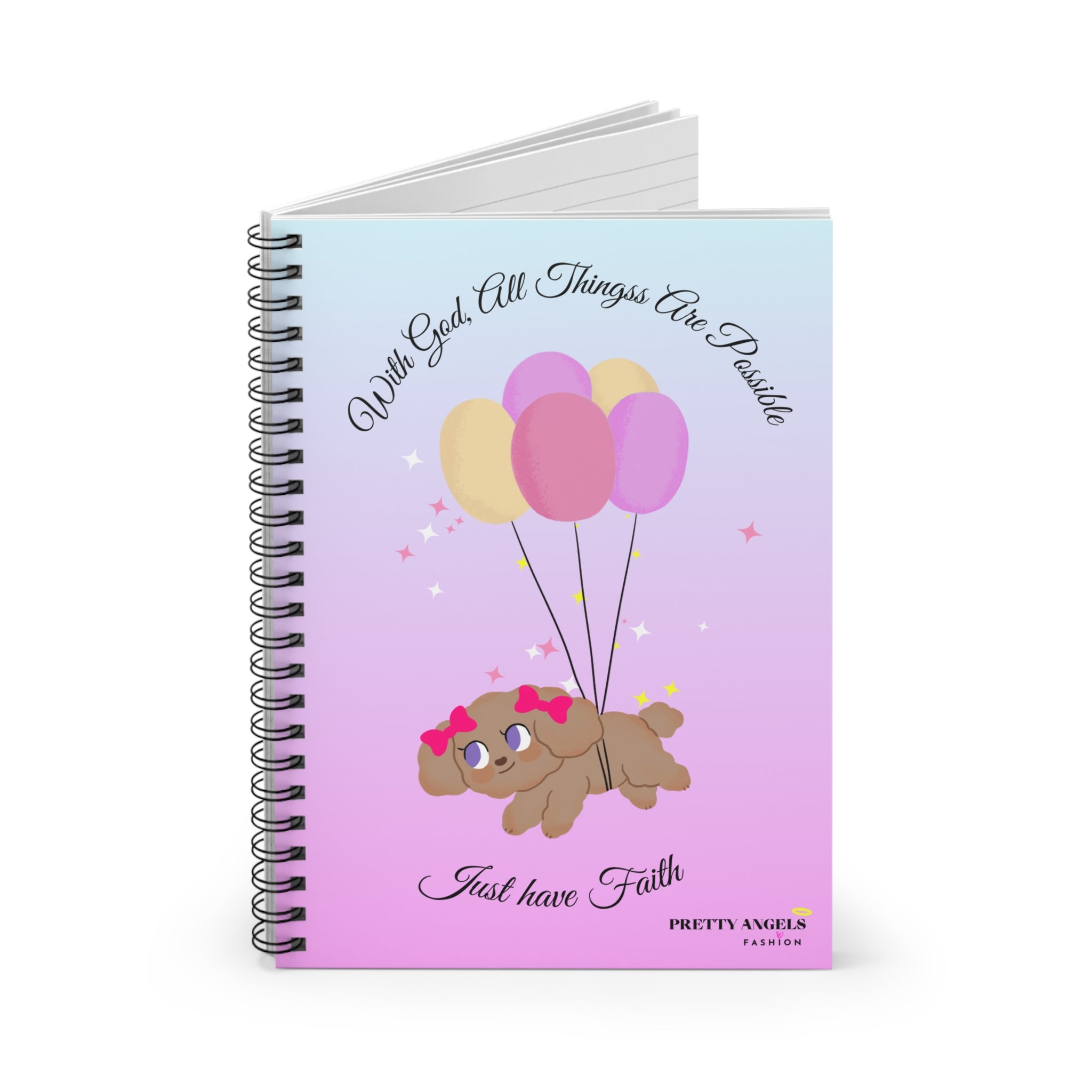 “Cute Puppy Faith Notebook – Ombré Blue & Purple Spiral Journal with Balloons & Bible Verse, 118 Pages, Pocket Inside”