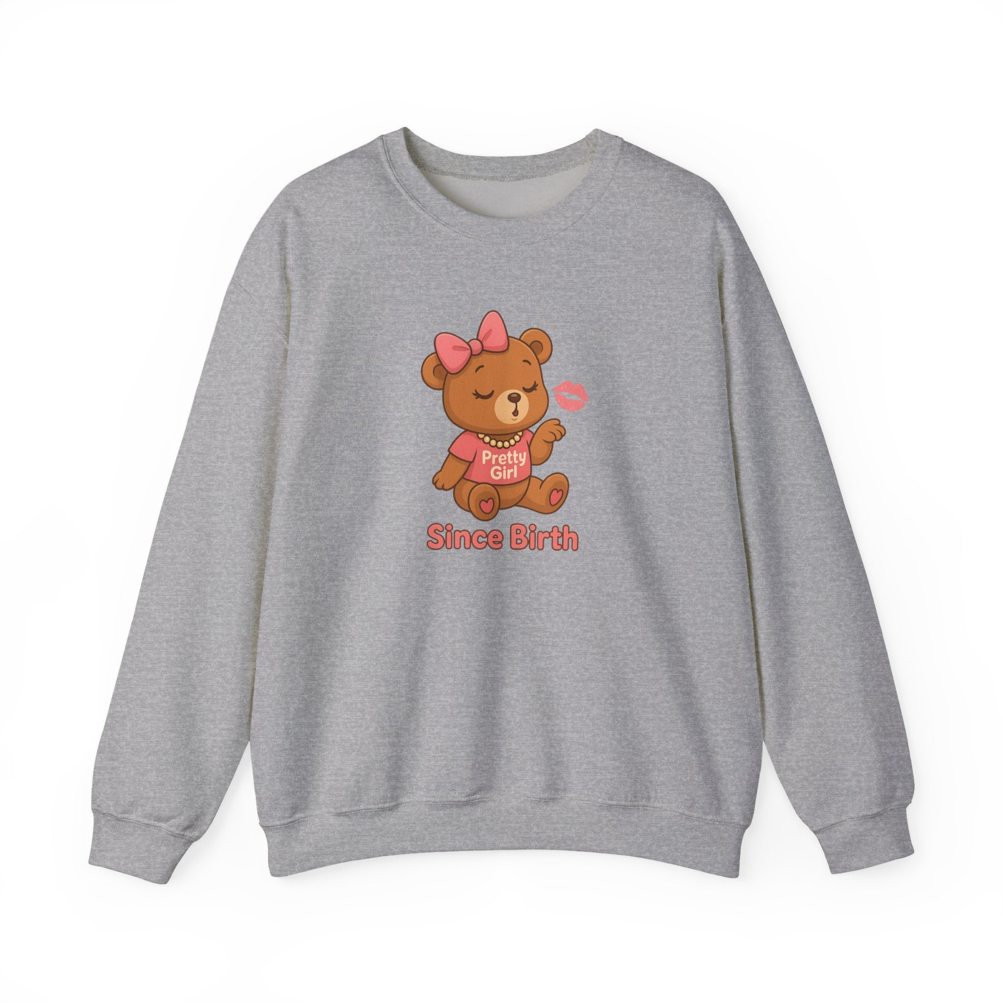 Pretty Girl Since Birth™ Teddy Kiss Sweatshirt – Luxe Unisex Cozy Graphic Sweater for Confident Girly Girls