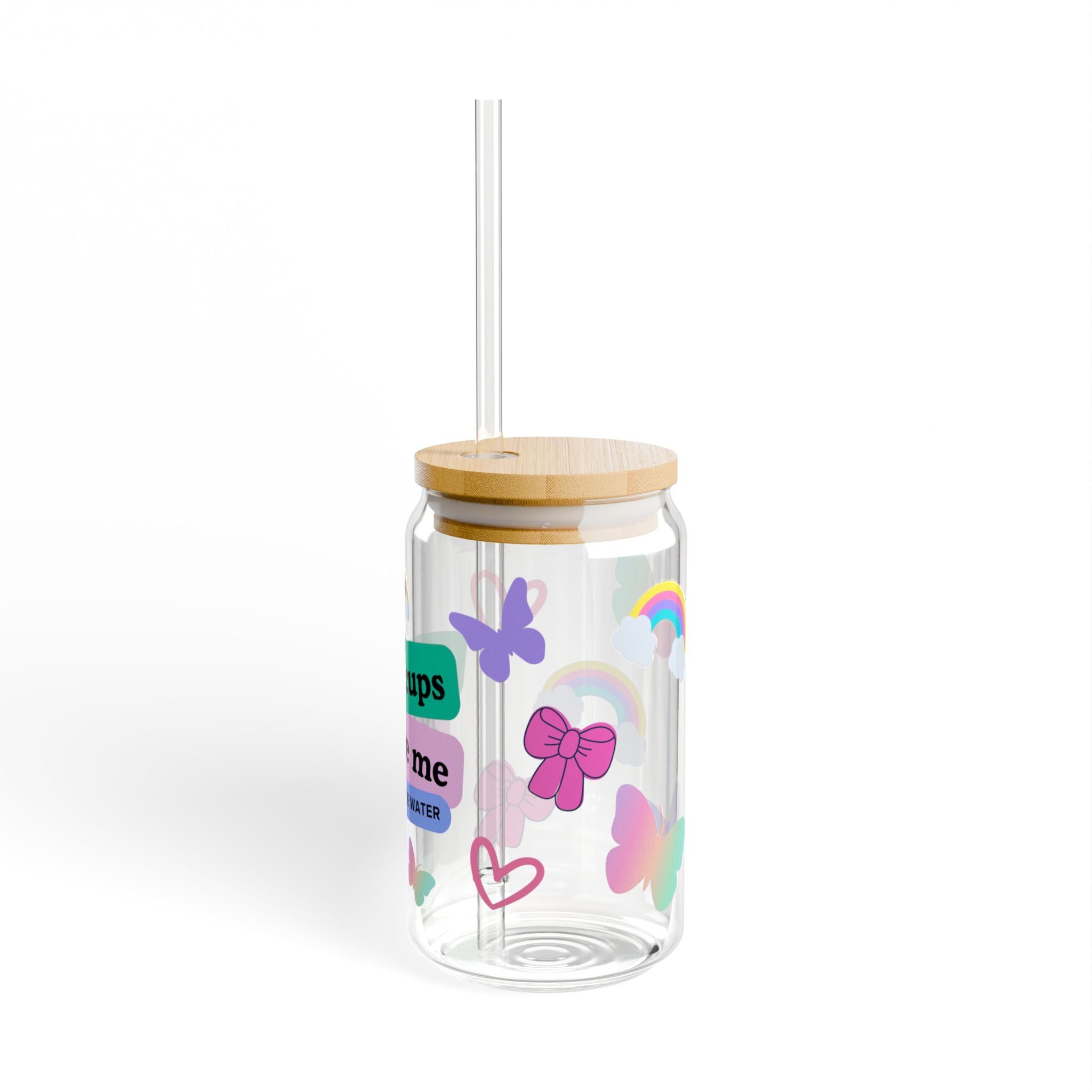 Pastel Aesthetic Clear Cup with Bamboo Lid & Tritan Straw – Cute Butterfly & Rainbow Hydration Tumbler 16oz
