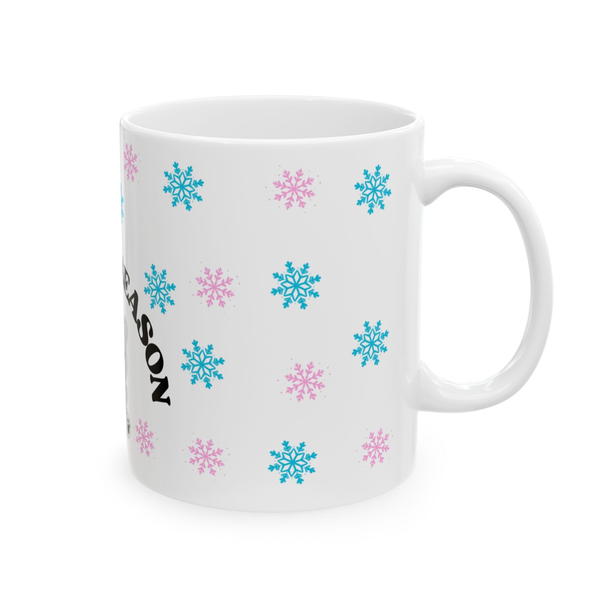 “It’s My Season Again” Luxury Winter Mug - Cute Grey Polar Bear with Crown, Blue & Pink Snowflakes - Girly Ceramic Mug for Rich Winter Queens, Cozy Home Decor, Winter Wonderland Mug for Girls