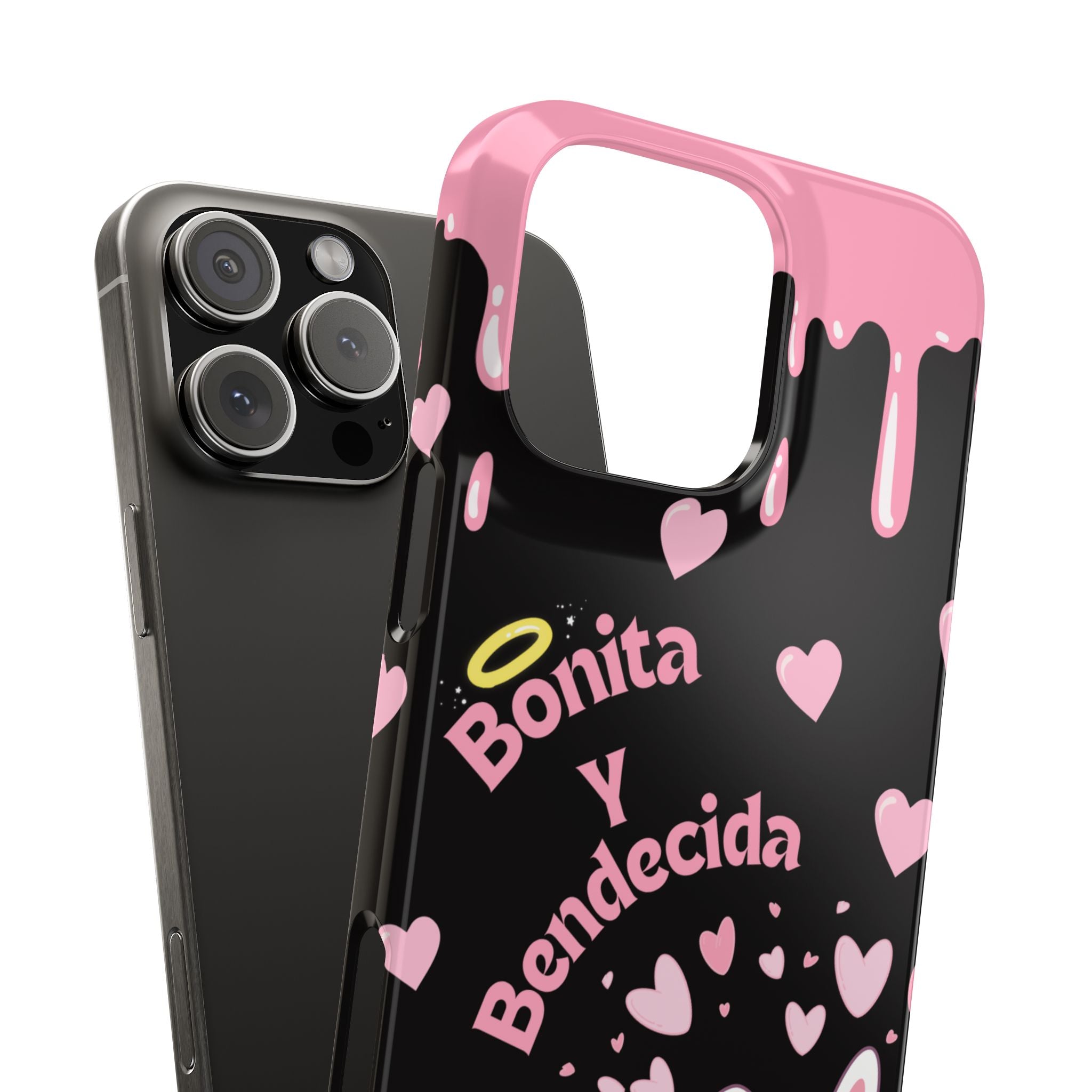 Bonita y Bendecida Phone Case - Black Slim Lightweight Cover with Pink Bunny Bow, Hearts & Drip Aesthetic for Stylish Latina Baddies