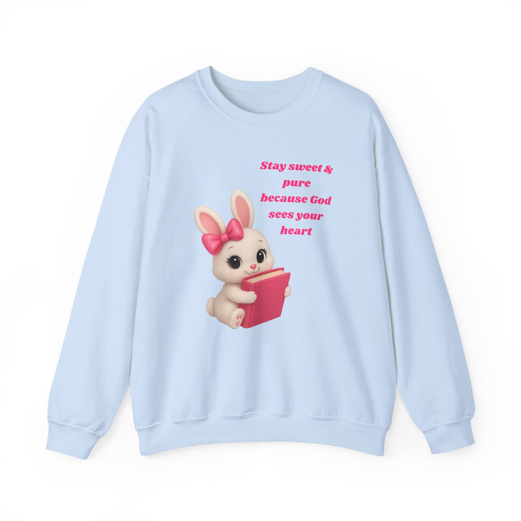 Stay Sweet & Pure Bunny Sweatshirt – Cute Aesthetic Pullover for Girls | Pink Baby Bunny Bible Sweater | Cozy Faith Sweatshirt | 50/50 Heavy Blend DTG Print