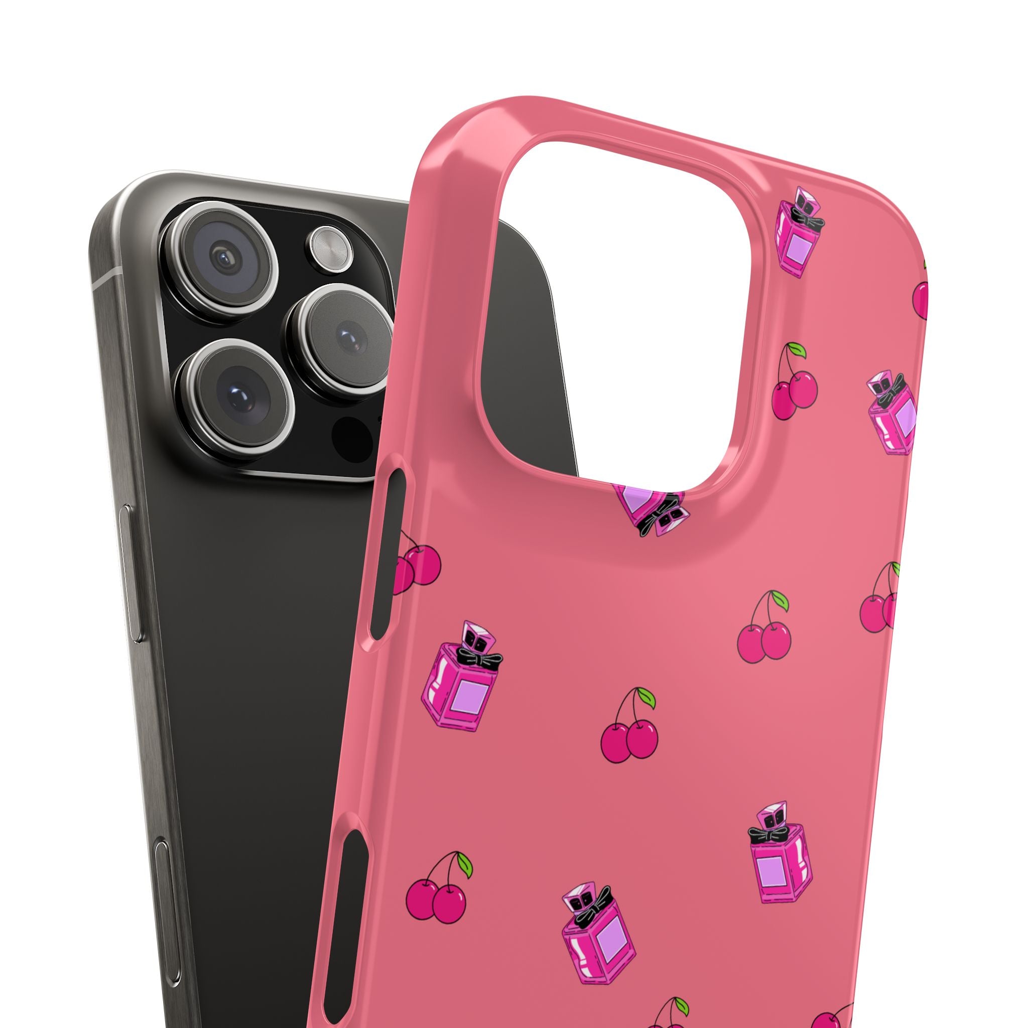 Pretty & Blessed Phone Case - Peachy Slim Cover with Hot Pink Cherry & Perfume Pattern Aesthetic for Girly Girls Who Love Cute & Pretty Vibes
