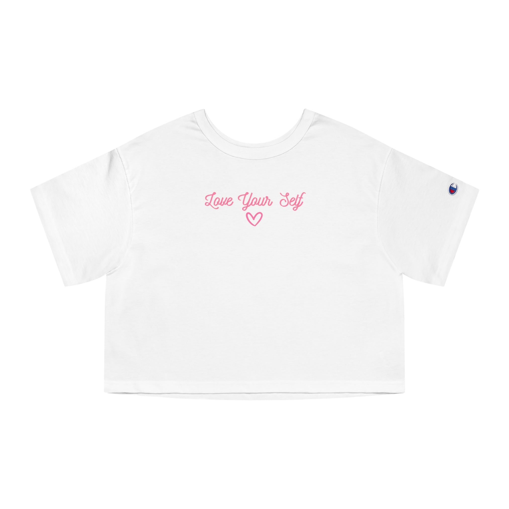 “Champion® Women’s Loose Cropped Tee – ‘Love Your Self’ Pink Cursive Minimalist Shirt | Cute Back-to-School Outfit for Teen Girls & Soft Girl Aesthetic”