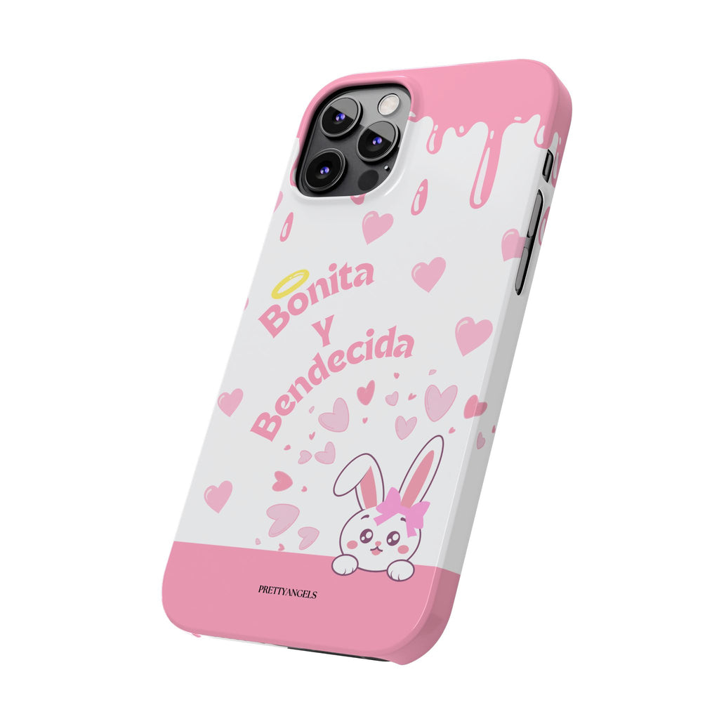 Bonita y Bendecida Phone Case - Slim Lightweight Pink Drip Cover with Bunny & Hearts for Stylish Latina Baddie Girls