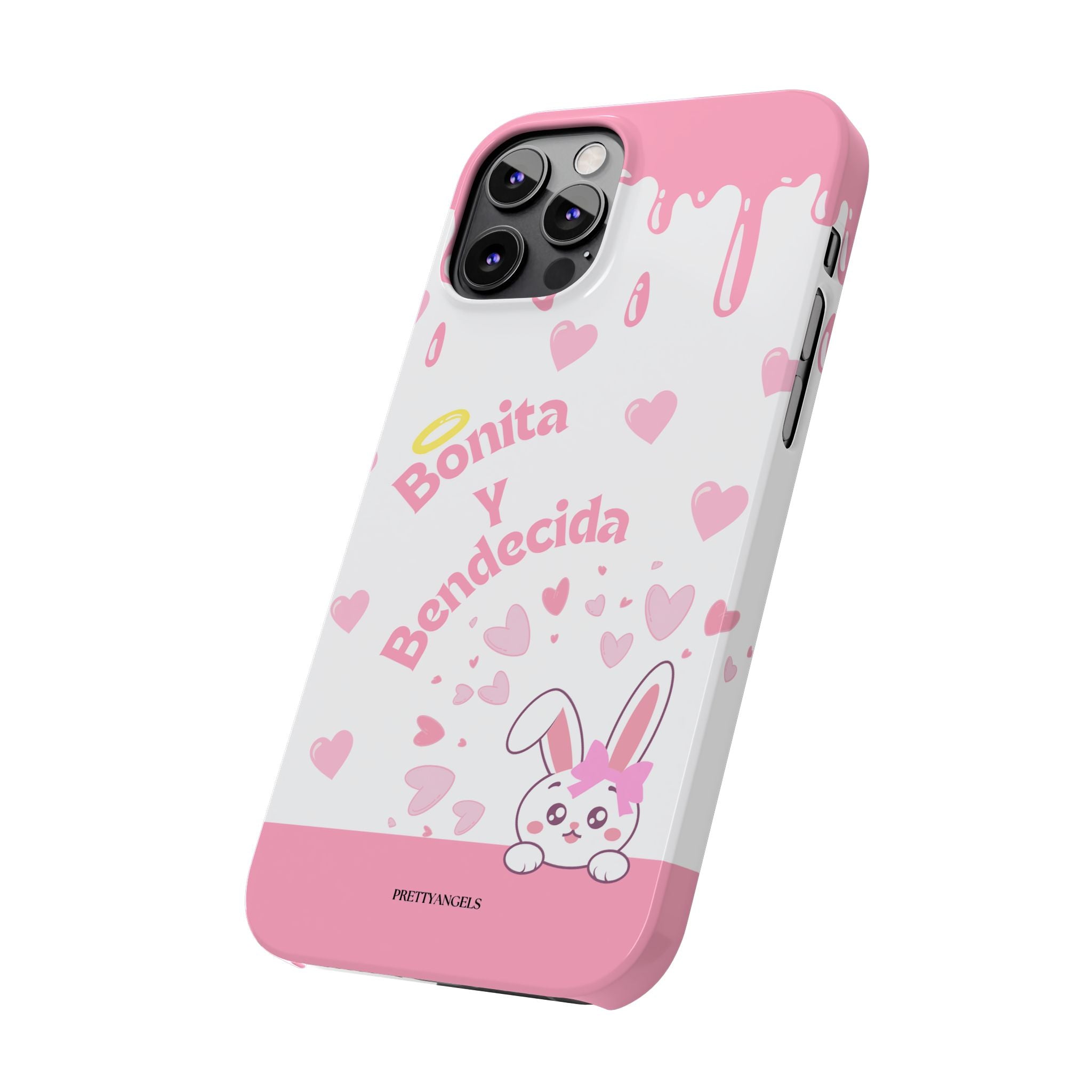 Bonita y Bendecida Phone Case - Slim Lightweight Pink Drip Cover with Bunny & Hearts for Stylish Latina Baddie Girls