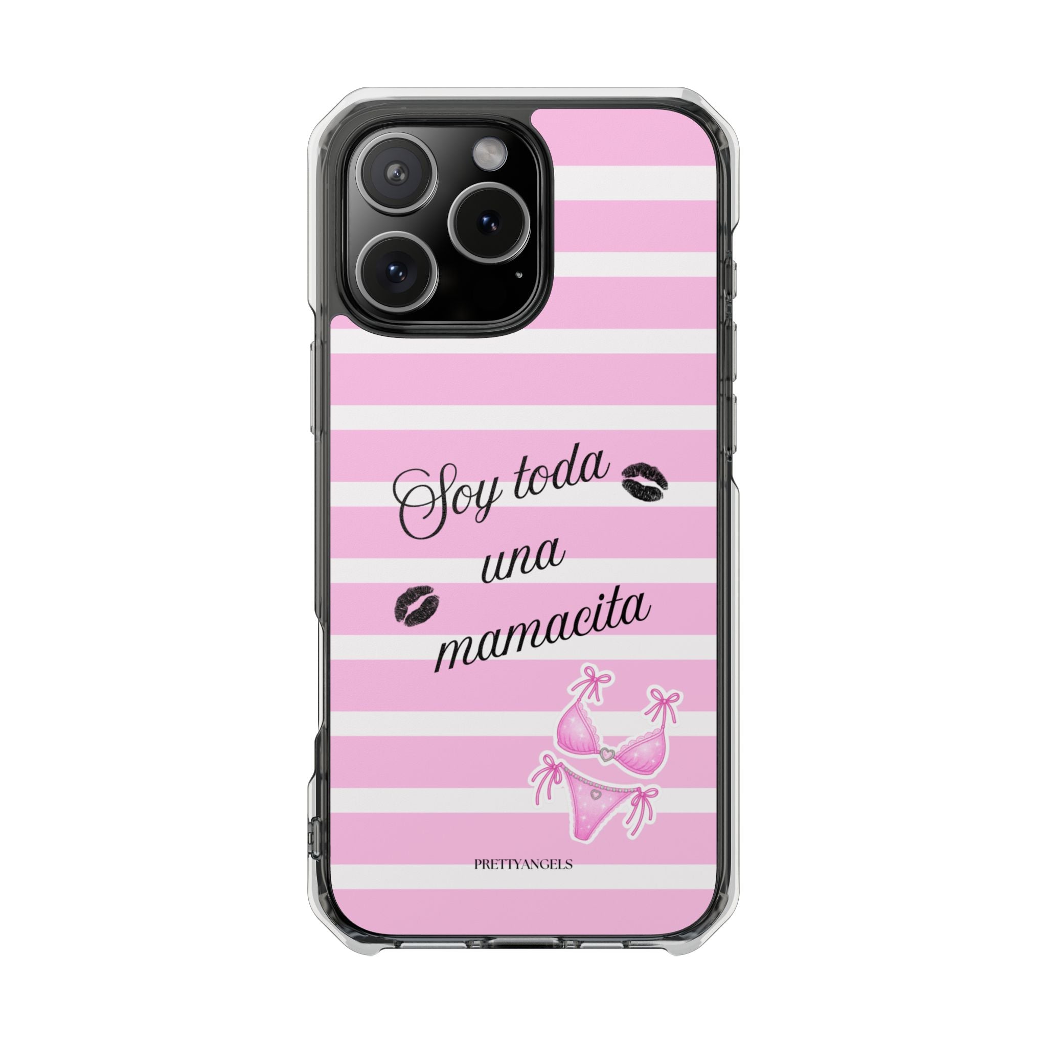 “Soy Toda Una Mamacita” MagSafe Clear Phone Case - Pink & White Striped | Latina Baddie Magnetic Impact Cover