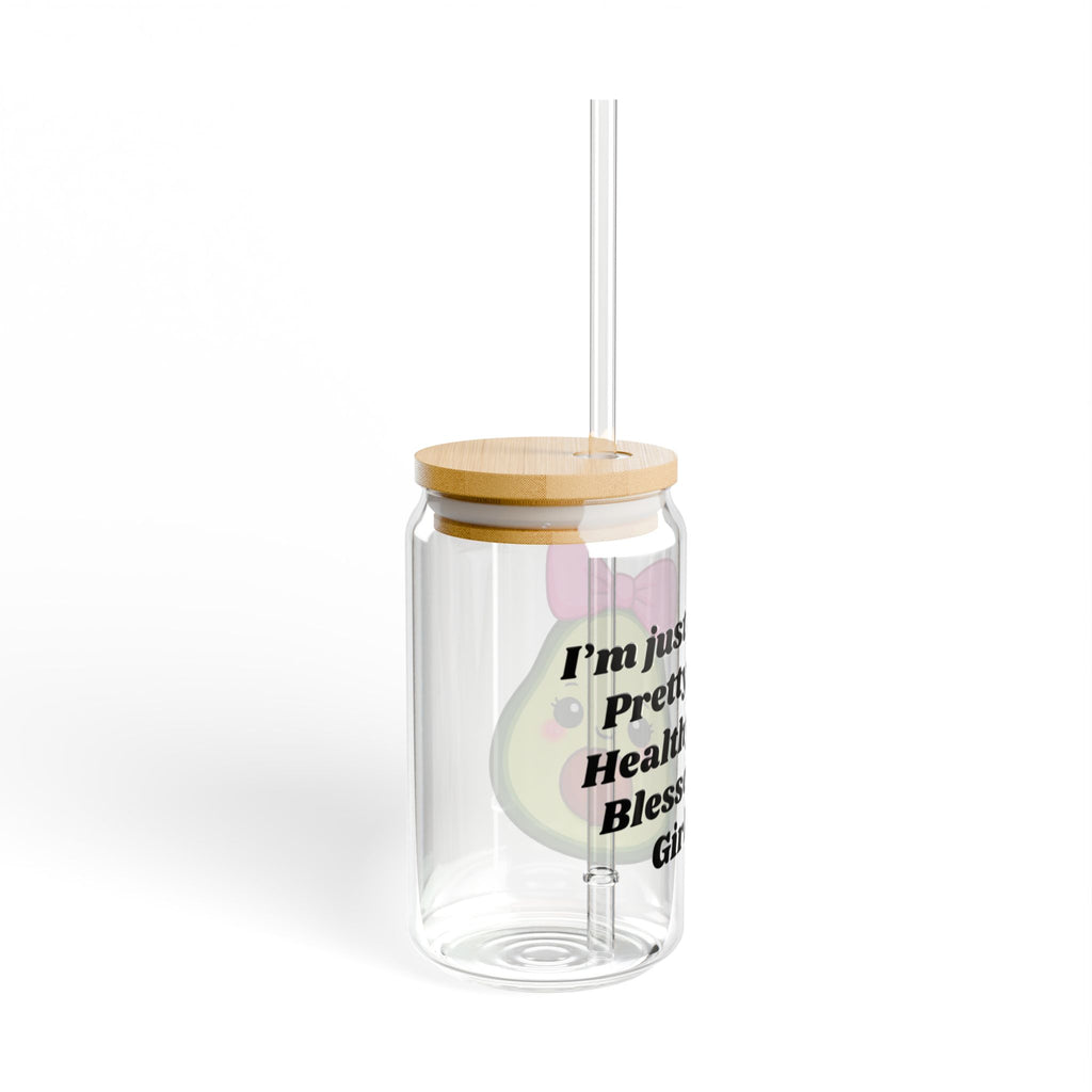 Pretty Healthy Blessed Girl 16oz Clear Sipper Glass with Bamboo Lid & Tritan Straw – Cute Avocado with Pink Bow | Aesthetic Girly Cup, BPA-Free