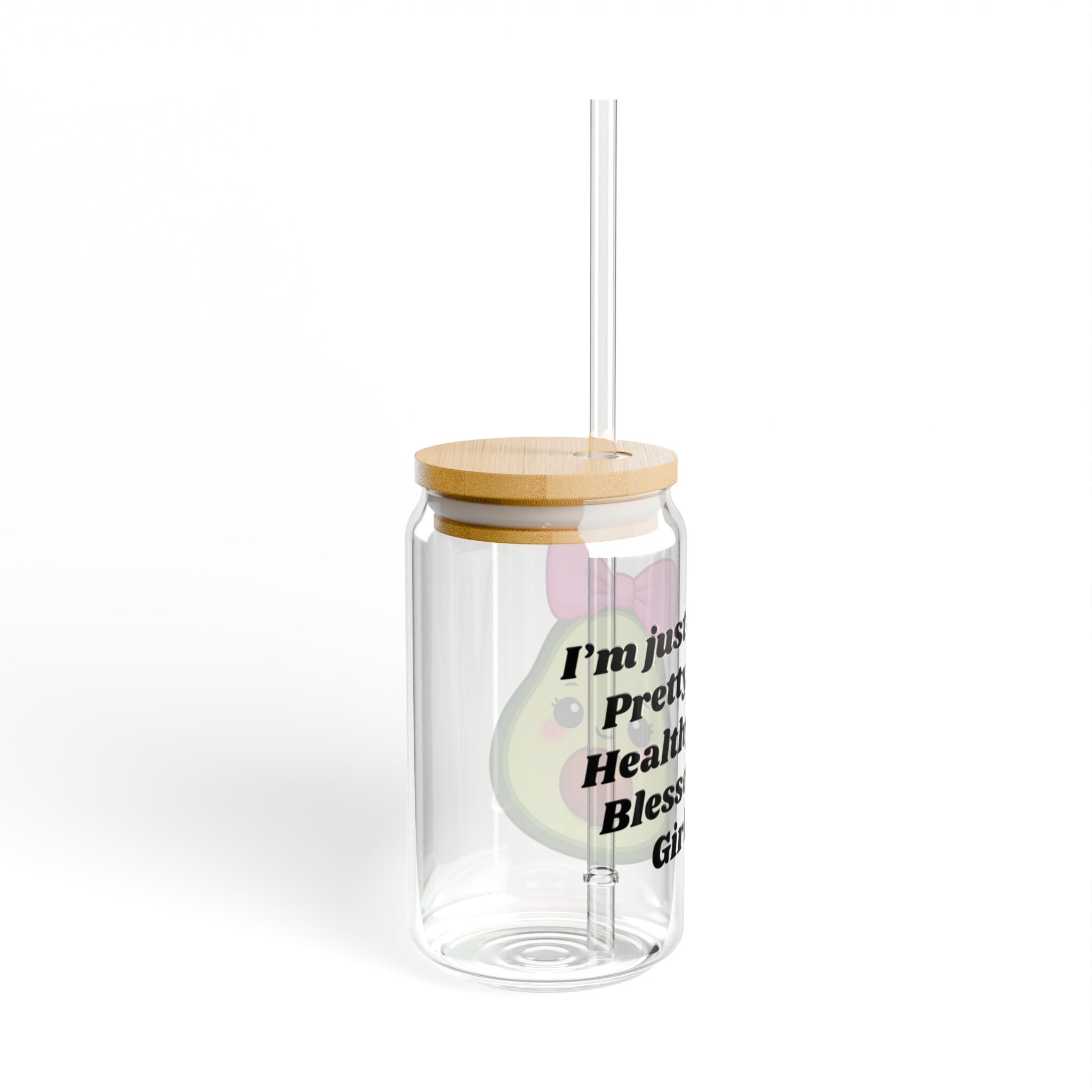 Pretty Healthy Blessed Girl 16oz Clear Sipper Glass with Bamboo Lid & Tritan Straw – Cute Avocado with Pink Bow | Aesthetic Girly Cup, BPA-Free