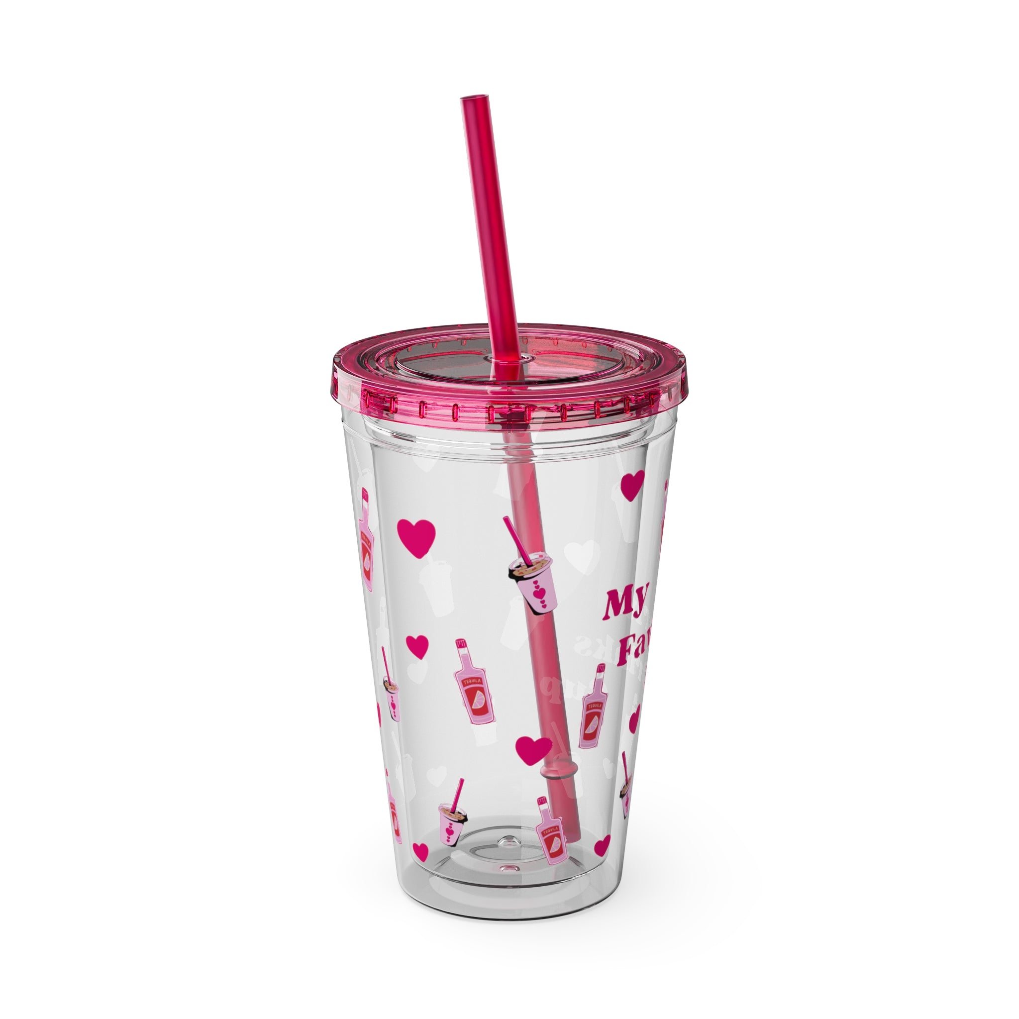 “My Favorite Drinks Cup” - 16oz Clear Acrylic Tumbler with Hot Pink Hearts & Girly Drink Patterns | Fun Party Girl Cup for Baddies