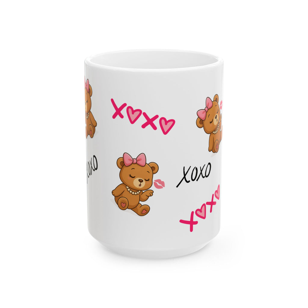 XOXO Teddy Kiss™ Pink Aesthetic Mug – Cute Brown Teddy Bear with Bow & Pearls | Girly Luxury Coffee Mug (11oz & 15oz)