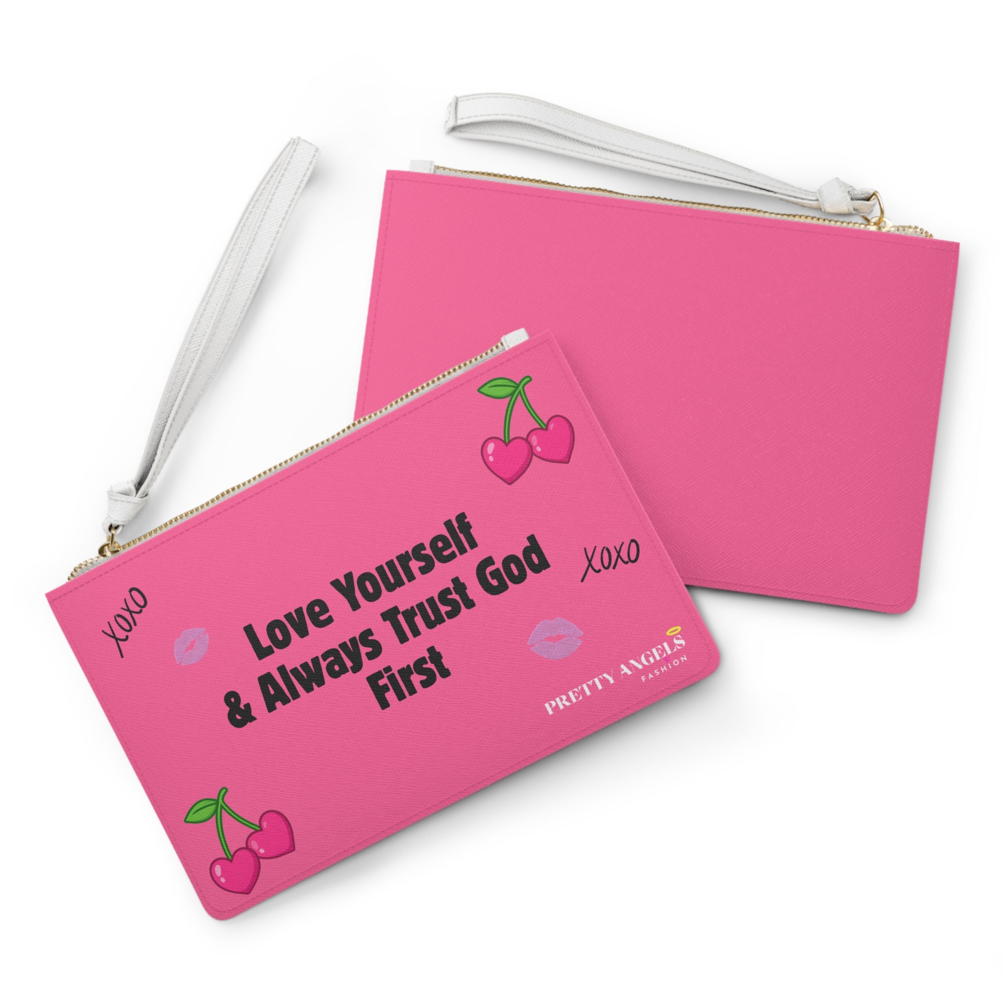 Barbie Pink Luxury Makeup Bag – Heart Cherries, “Love Yourself & Always Trust God First” Quote, Cute Girly Cosmetic Clutch (9.5” x 6.6”)