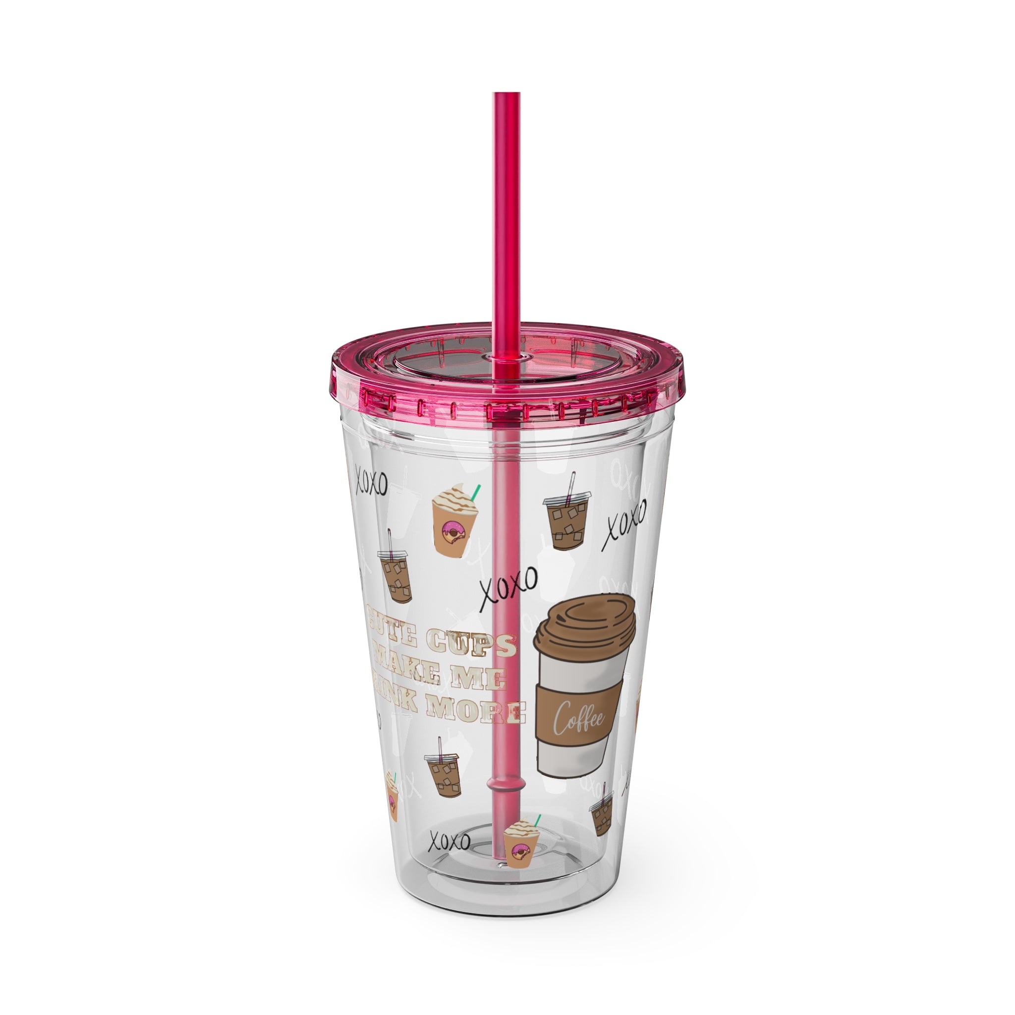 “Cute Cups Make Me Drink More” Clear Acrylic Coffee Tumbler - 16oz with Pink Donut, Caramel Frappe & XOXO Patterns | Aesthetic Iced Coffee Cup for Girly Baddies | Starbucks aesthetic coffee cup
