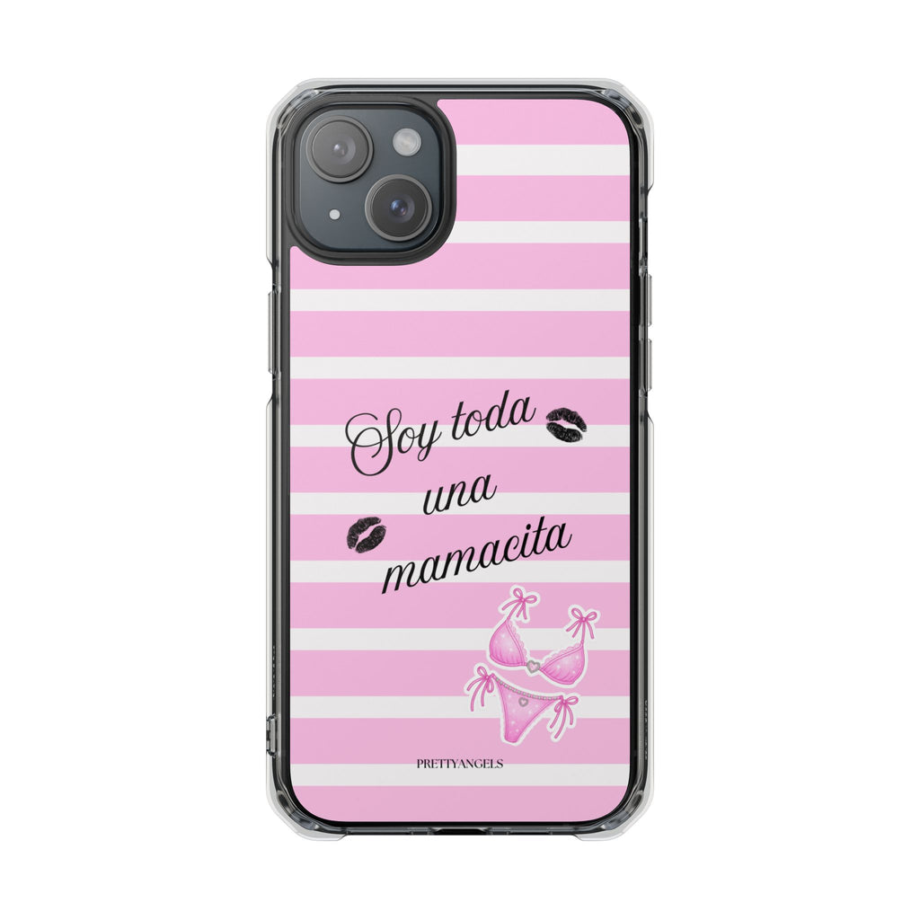“Soy Toda Una Mamacita” MagSafe Clear Phone Case - Pink & White Striped | Latina Baddie Magnetic Impact Cover