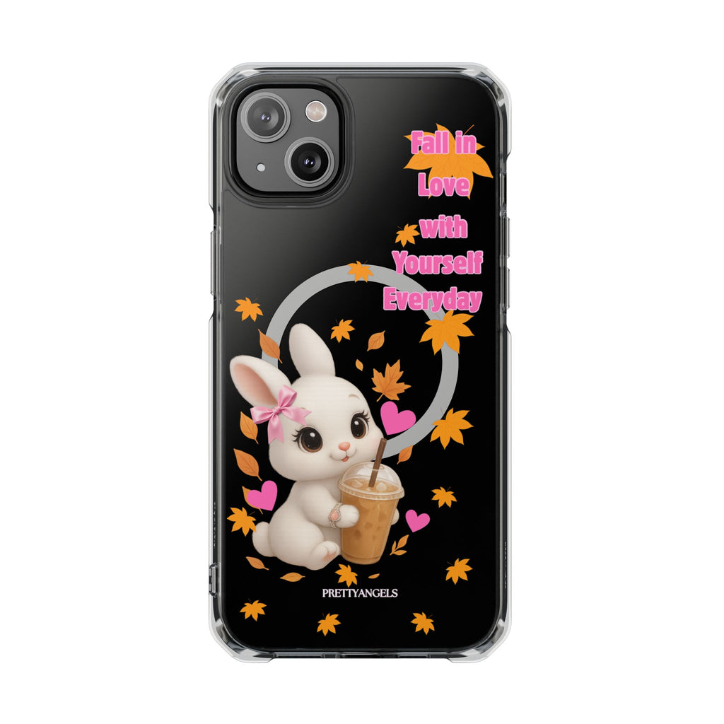 Fall in Love with Yourself Everyday – Cute White Bunny MagSafe iPhone Case with Hearts & Autumn Leaves, Luxury Aesthetic Clear Phone Cover