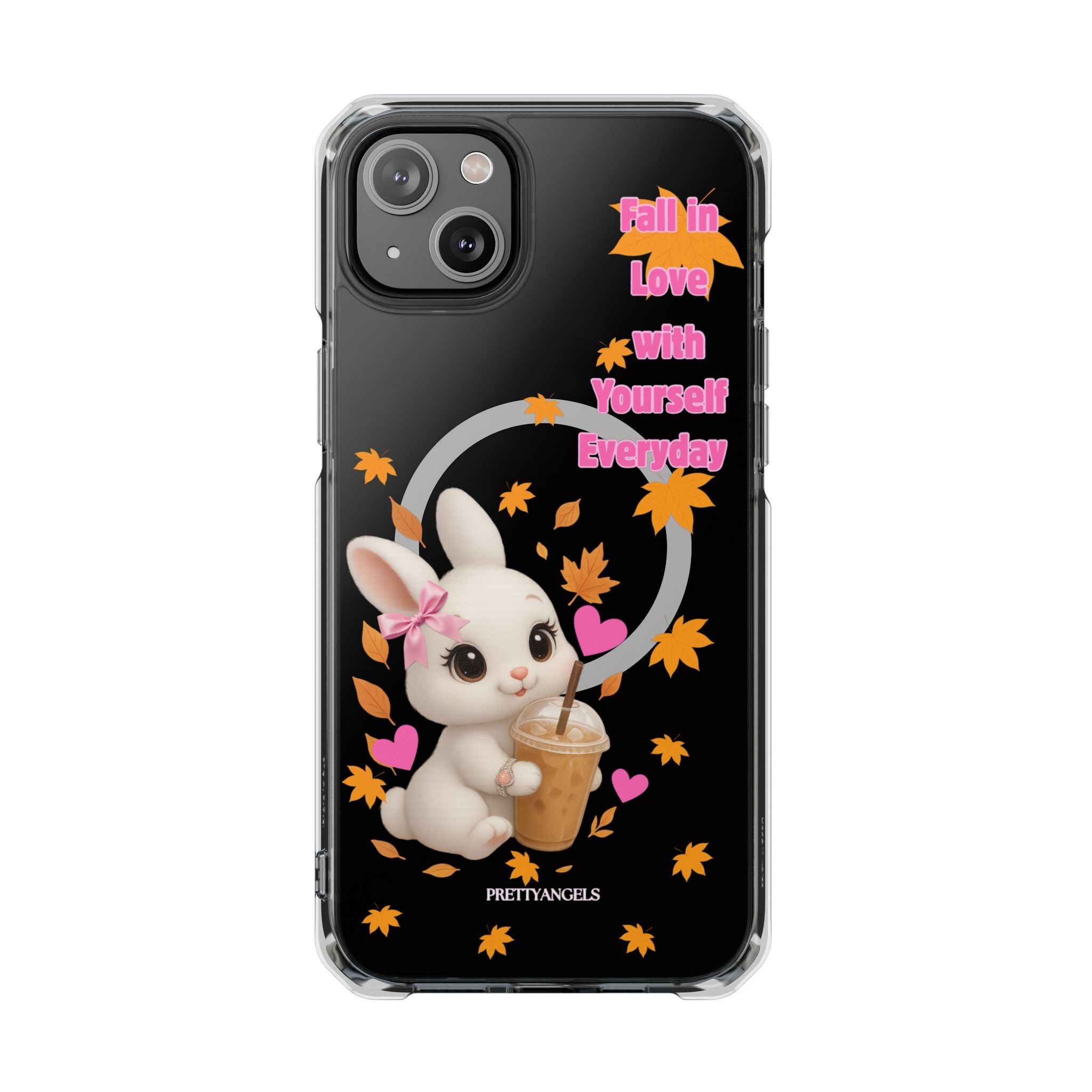 Fall in Love with Yourself Everyday – Cute White Bunny MagSafe iPhone Case with Hearts & Autumn Leaves, Luxury Aesthetic Clear Phone Cover