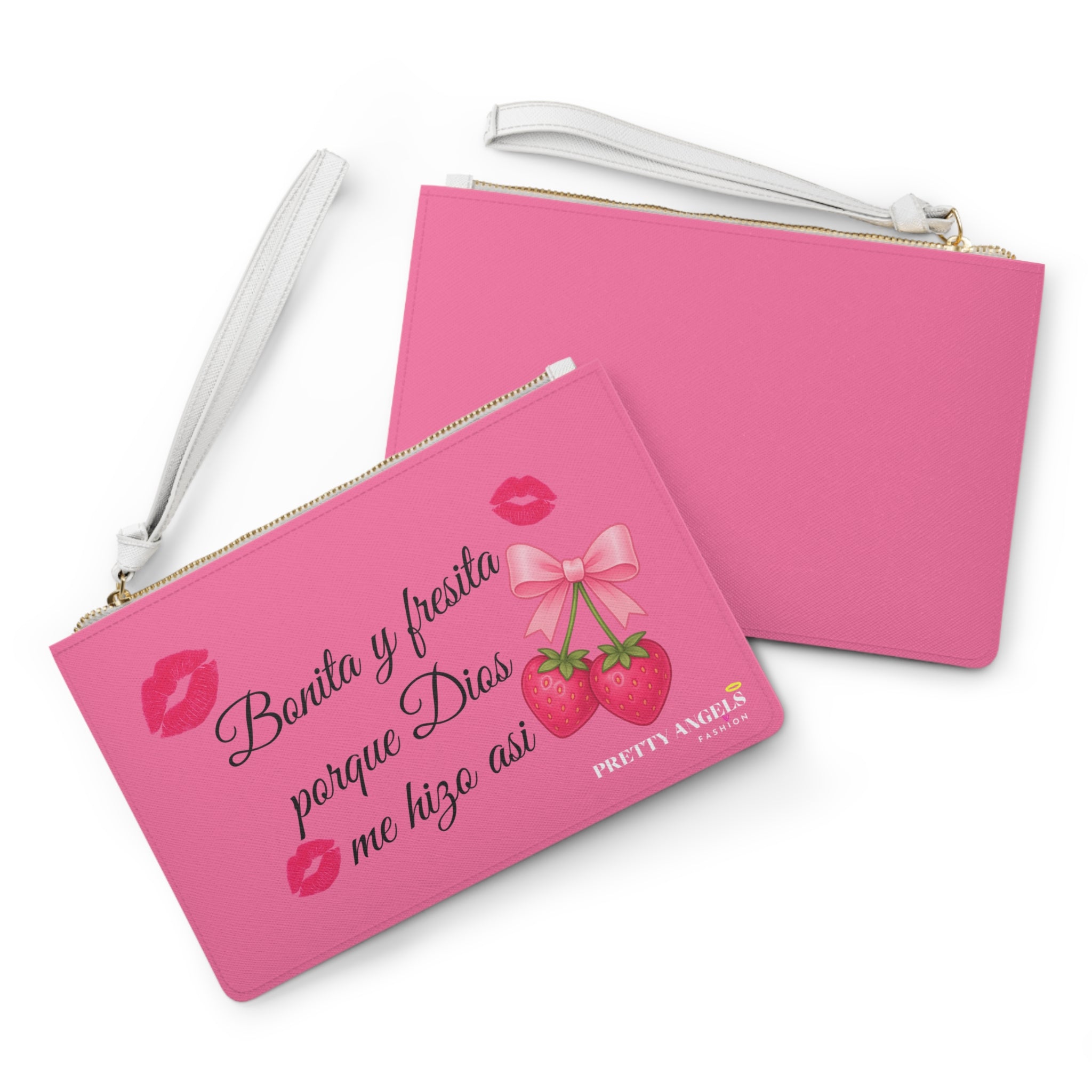 Luxury Pink Polyurethane Leather Clutch Purse with Wrist Strap – “Bonita y Fresita” Makeup Bag with Gold Zipper, Strawberries & Kisses (9.5” x 6.6”)