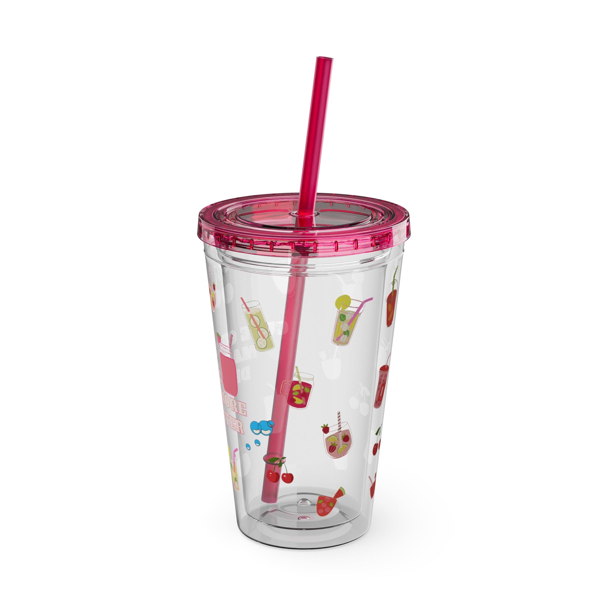Clear “Cute Cups Make Me Drink More Water” Tumbler - 16oz Acrylic Cup with Lid & Straw | Aesthetic Lemonade, Cherry & Water Drink Patterns for Pretty Girls | Soft Girl Tumbler