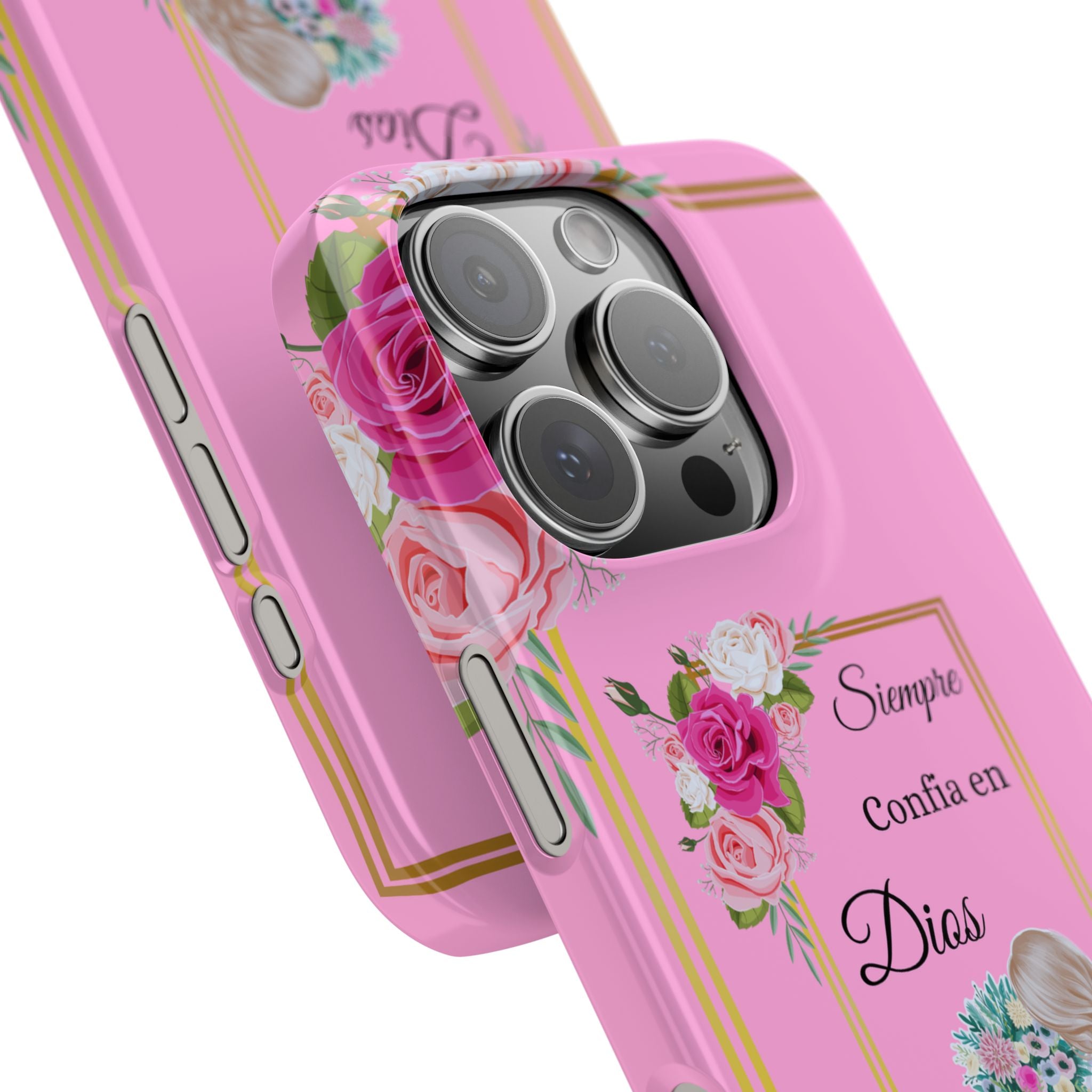 “Siempre Confia en Dios Pink Phone Case - Slim Lightweight Protective Cover with Roses, Barbie-Style Doll & Faith-Based Aesthetic”