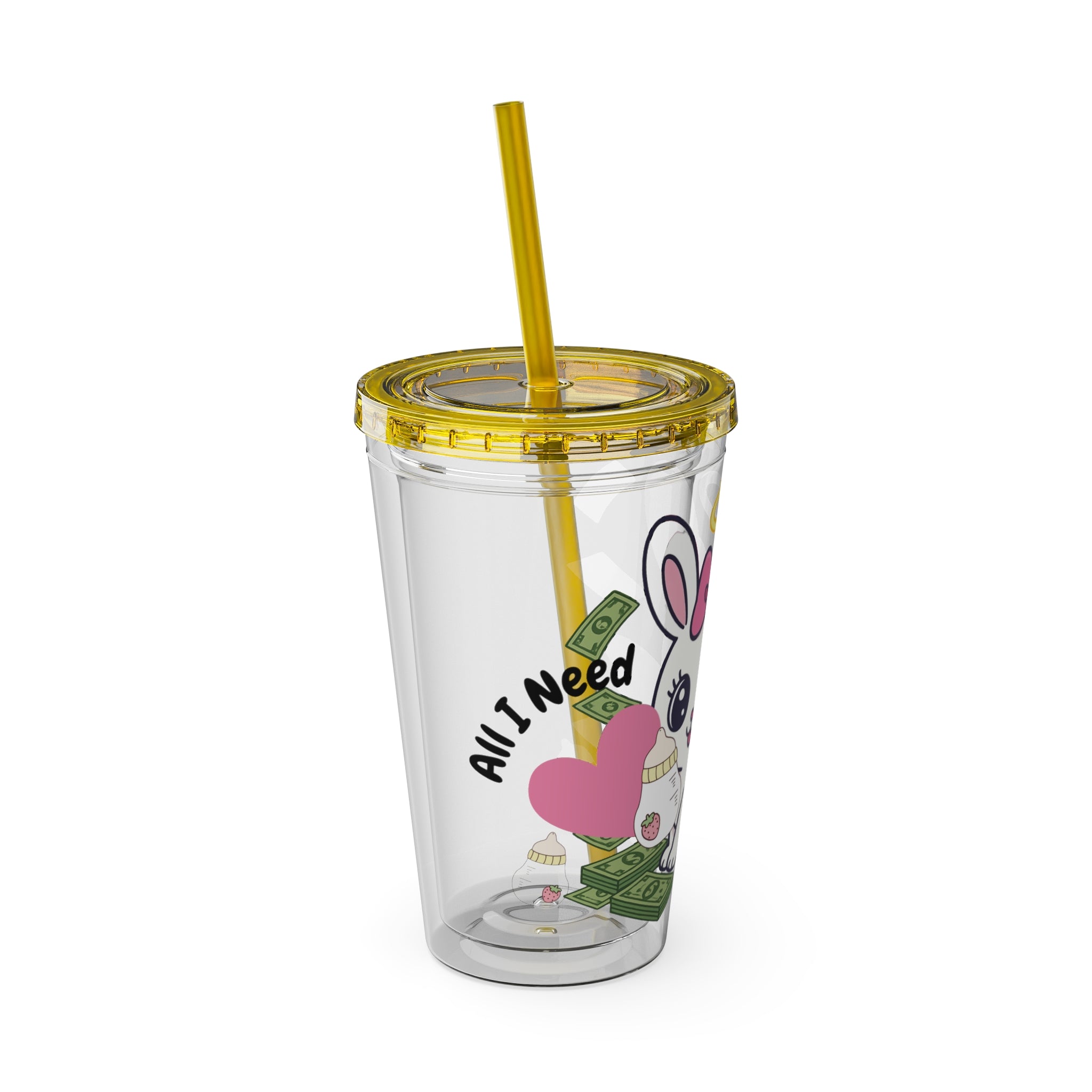 “All I Need” 16oz Acrylic Tumbler - Clear Cup with Pink Angel Bunny, Baby Bottles & Money | Cute Girly Cup for Soft Spoiled Baddies