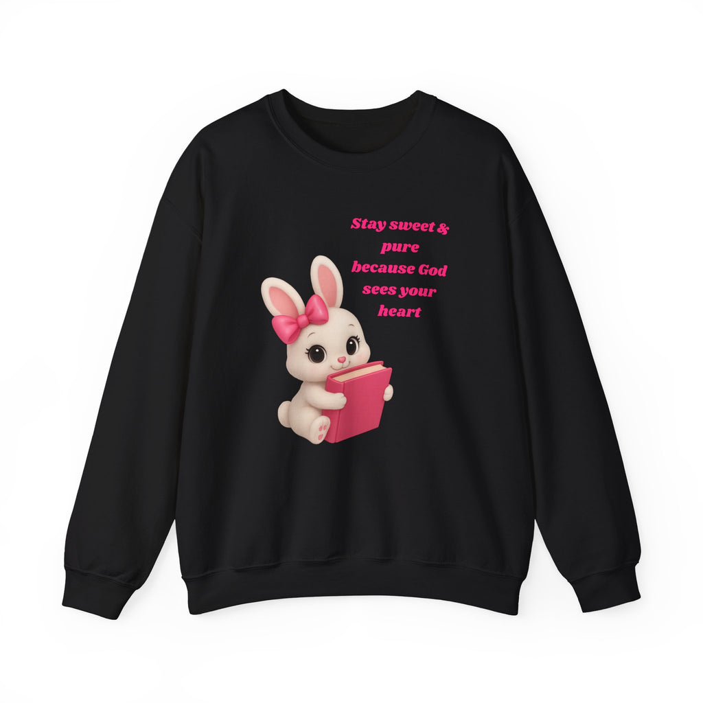 Stay Sweet & Pure Bunny Sweatshirt – Cute Aesthetic Pullover for Girls | Pink Baby Bunny Bible Sweater | Cozy Faith Sweatshirt | 50/50 Heavy Blend DTG Print