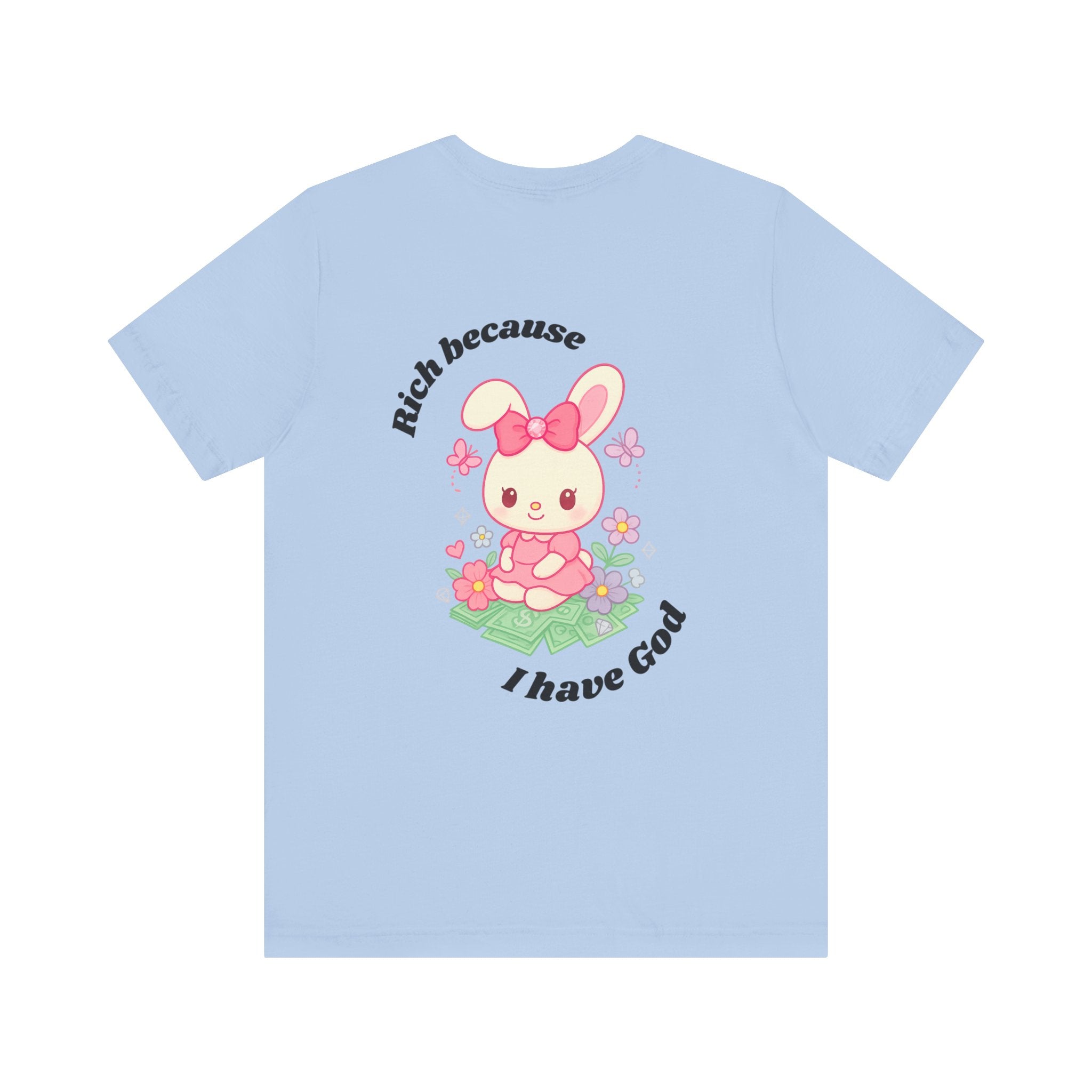 “Rich Because I Have God” Baggy (Back) Aesthetic Tee – Cute Bunny Graphic T-Shirt (White, Ash, Silver, Baby Blue)