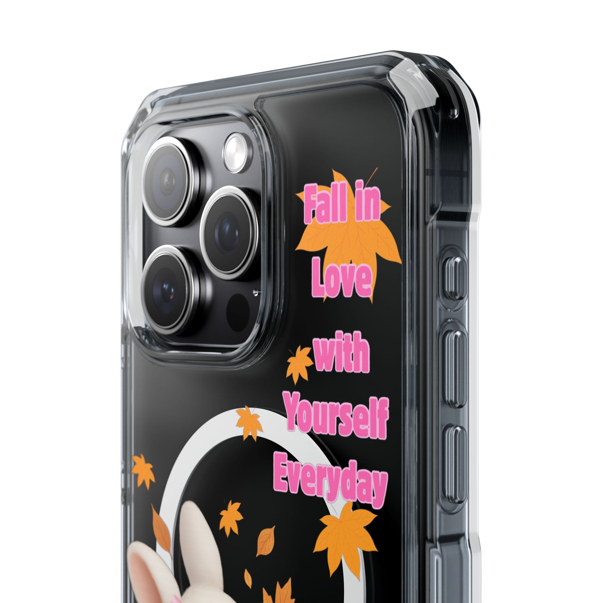 Fall in Love with Yourself Everyday – Cute White Bunny MagSafe iPhone Case with Hearts & Autumn Leaves, Luxury Aesthetic Clear Phone Cover