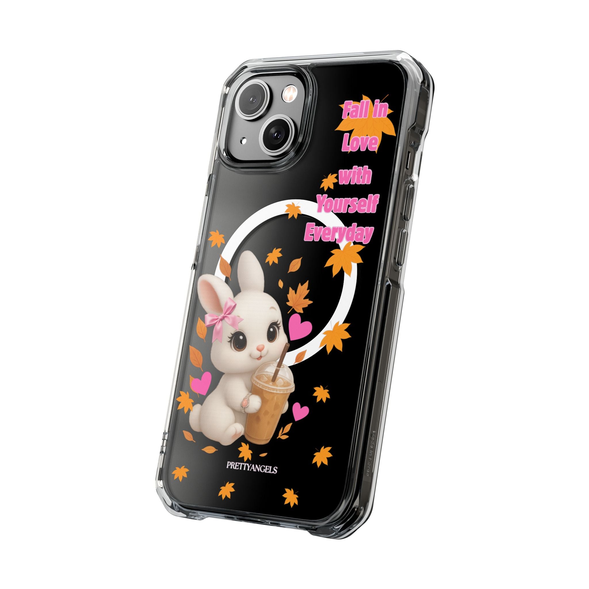 Fall in Love with Yourself Everyday – Cute White Bunny MagSafe iPhone Case with Hearts & Autumn Leaves, Luxury Aesthetic Clear Phone Cover