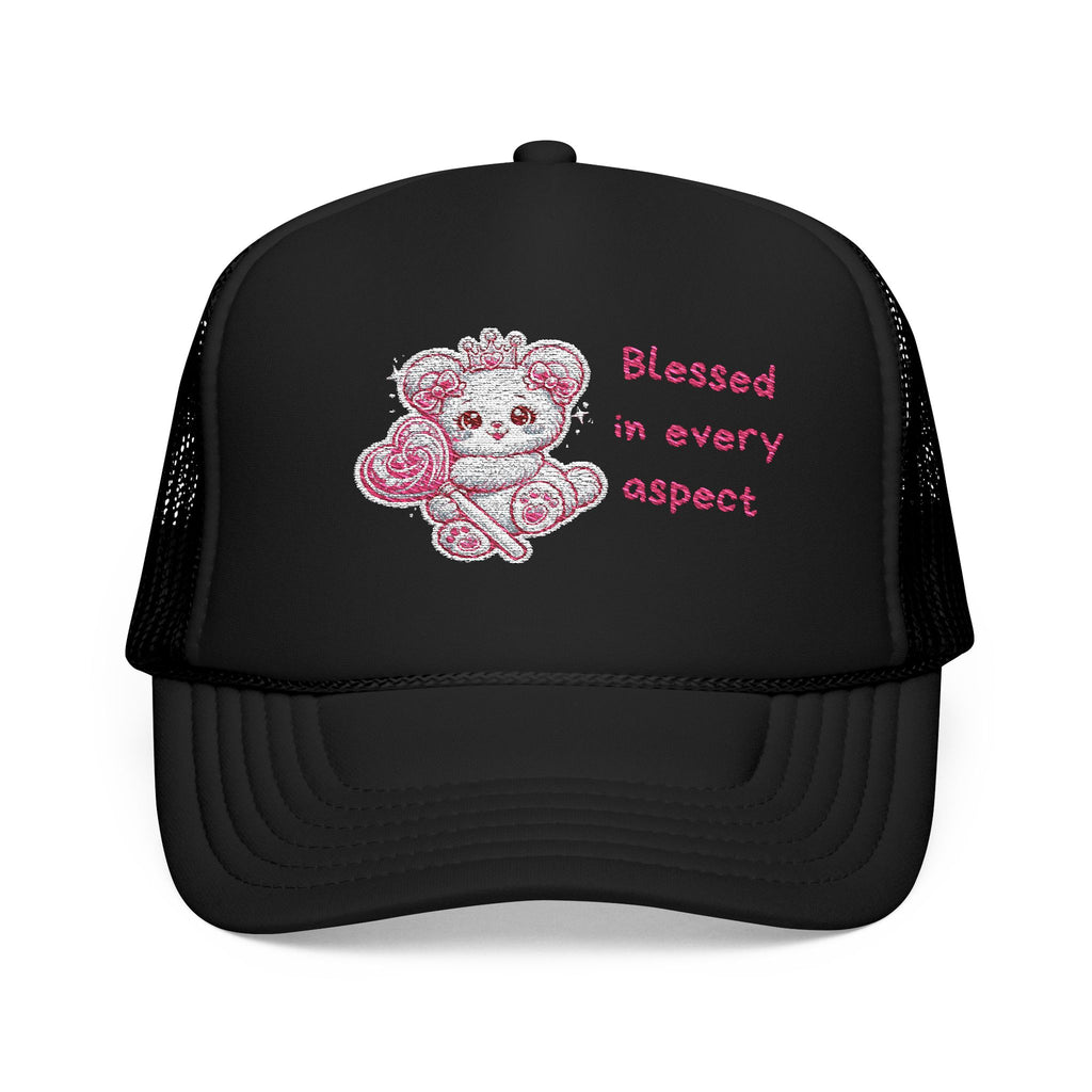 Pink Crowned Teddy Bear Trucker Hat — "Blessed in Every Aspect" Embroidered