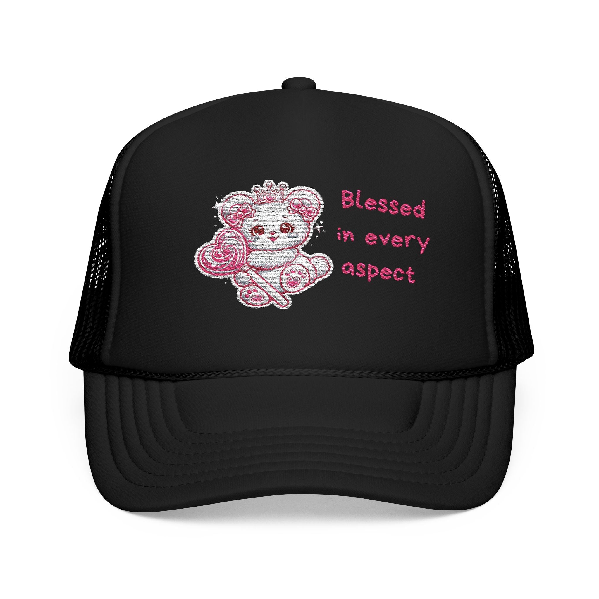 Pink Crowned Teddy Bear Trucker Hat — "Blessed in Every Aspect" Embroidered