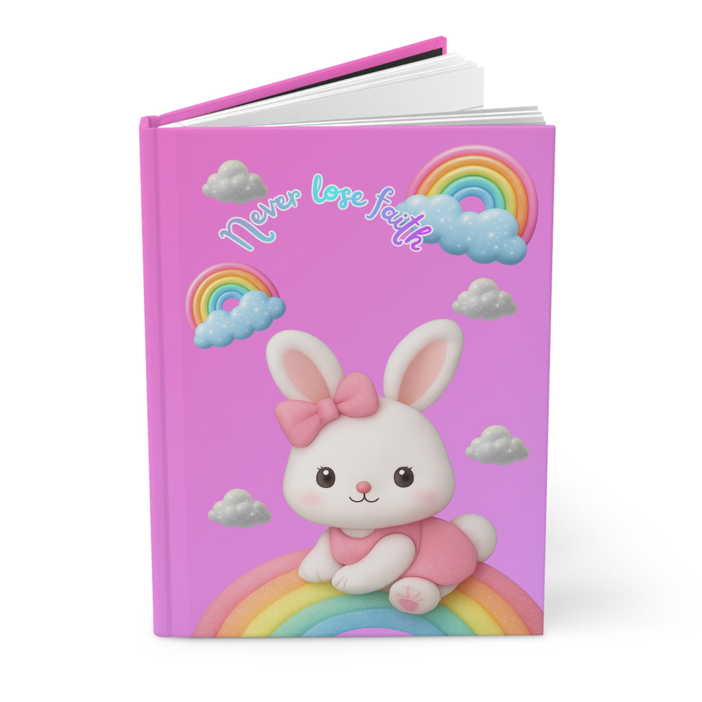 Never Lose Faith Hardcover Journal — Cute Baby Bunny on Rainbow